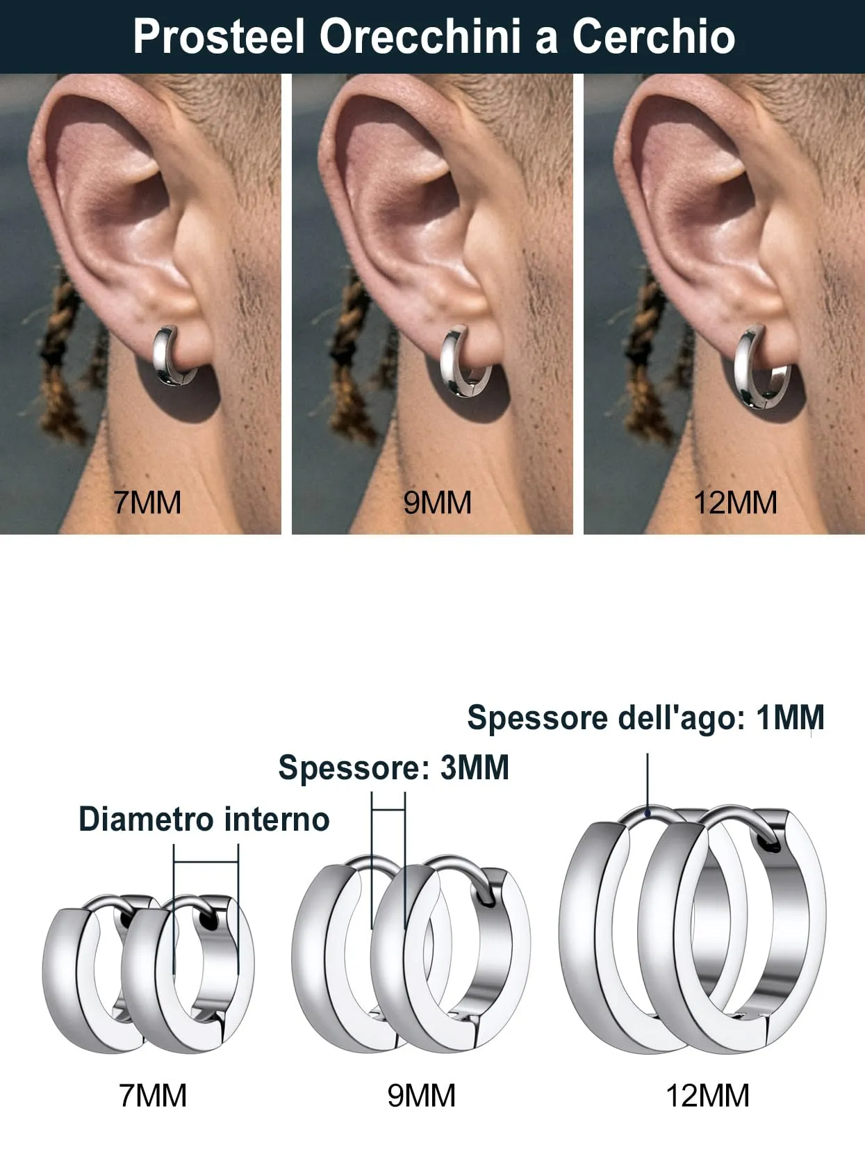 PROSTEEL 3 Paia Orecchini a Cerchio Uomo Donna Cerchietti Orecchini Argento 7/9/12 mm in Acciaio Inossidabile con Confezione Regalo - immagine 3