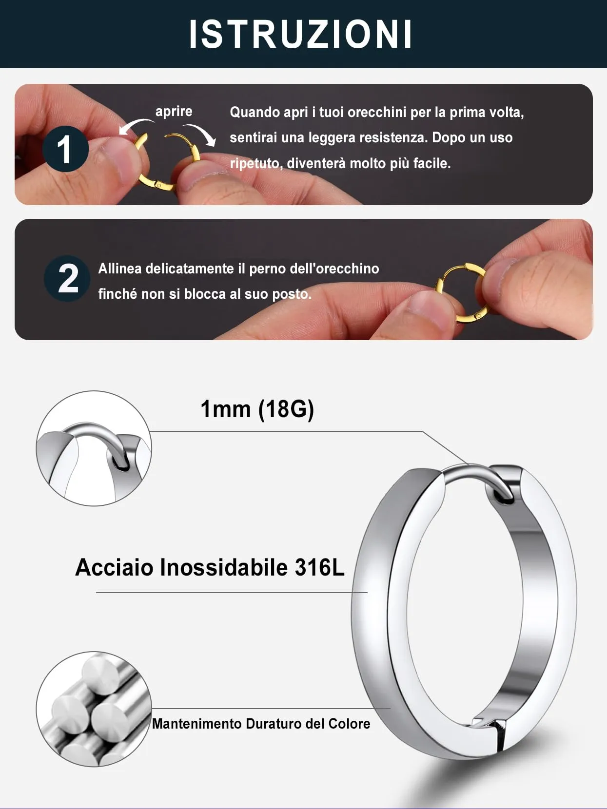 PROSTEEL 3 Paia Orecchini a Cerchio Uomo Donna Cerchietti Orecchini Argento 7/9/12 mm in Acciaio Inossidabile con Confezione Regalo - immagine 5
