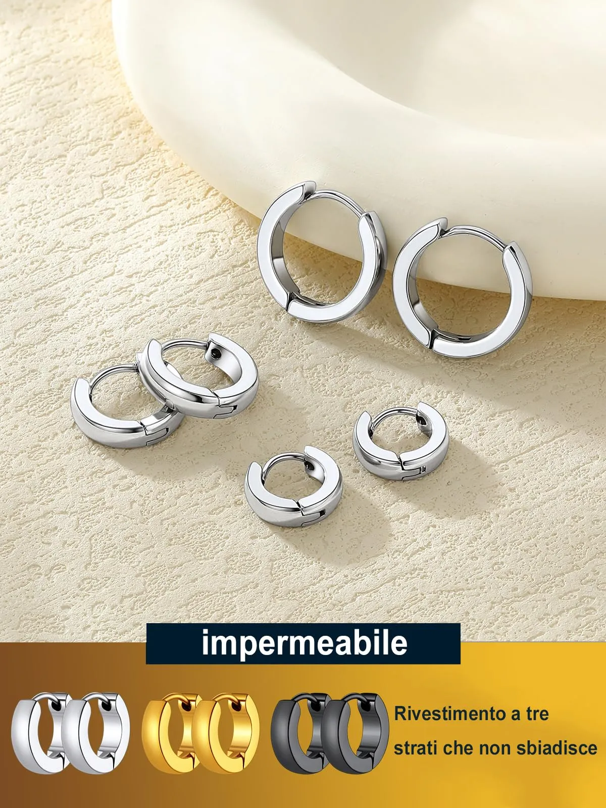 PROSTEEL 3 Paia Orecchini a Cerchio Uomo Donna Cerchietti Orecchini Argento 7/9/12 mm in Acciaio Inossidabile con Confezione Regalo - immagine 6