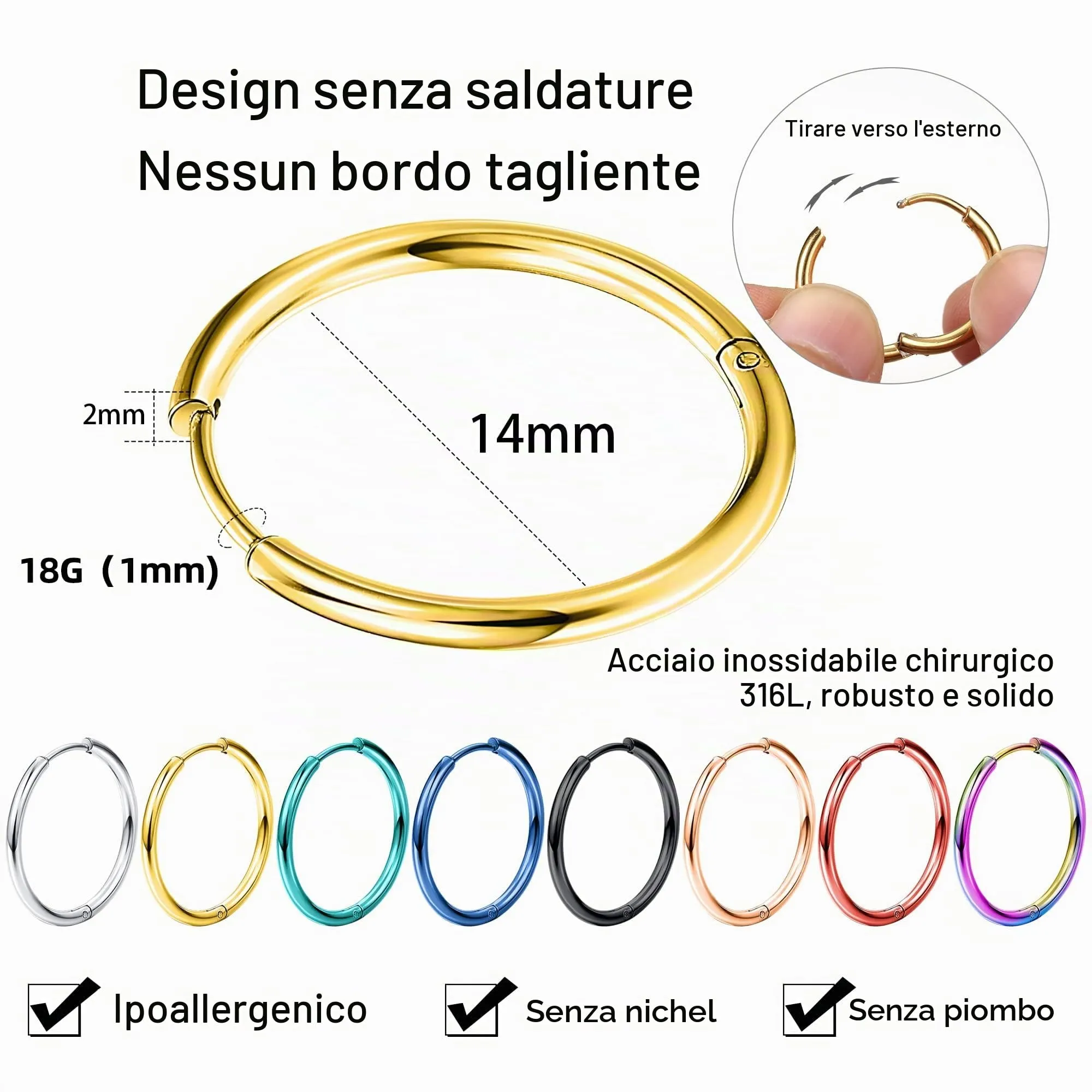 Diamday 8 Paia di Orecchini a Cerchio per Uomini e Donne - immagine 4