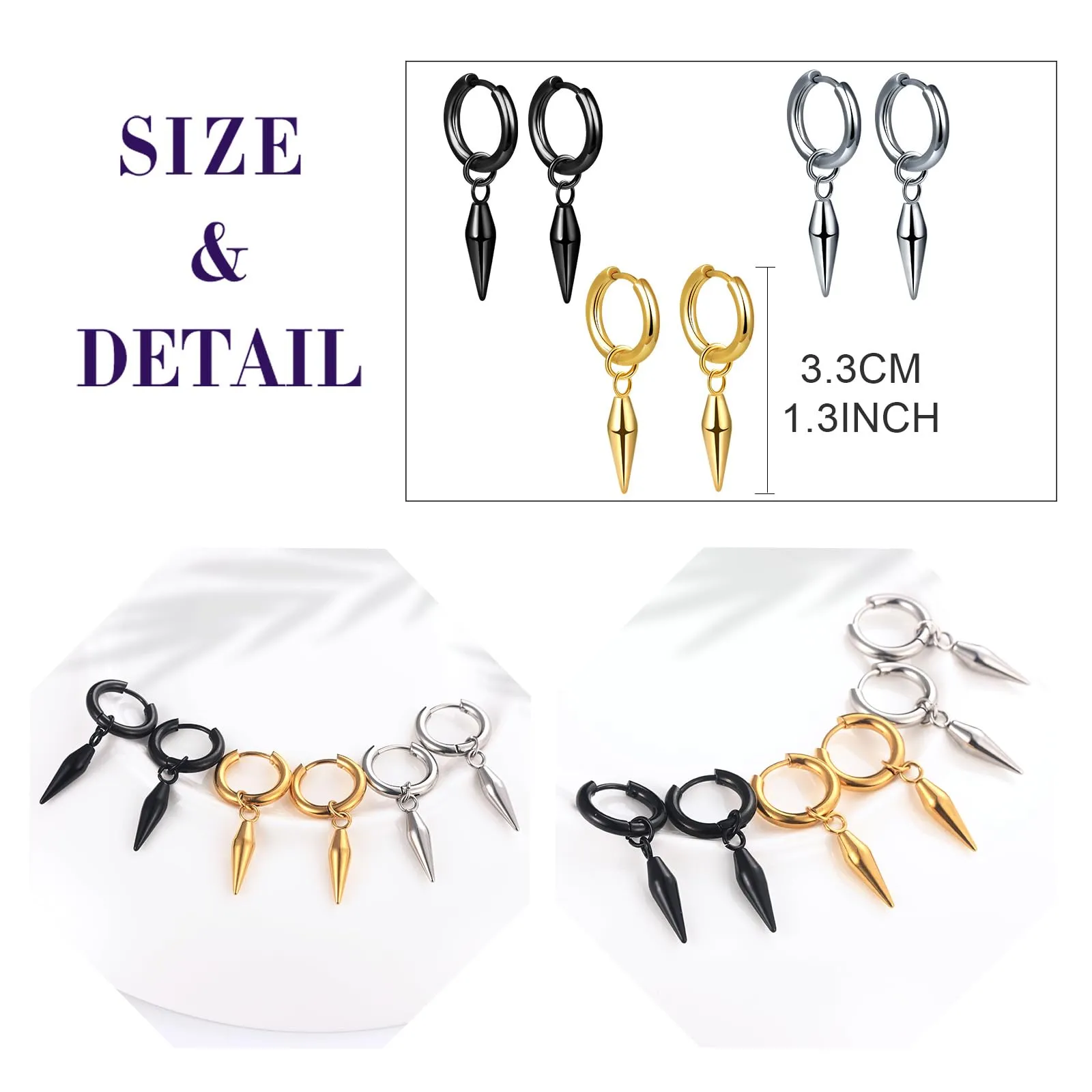 feilok 3 paia Orecchini Degli Uomini Orecchini Orecchini Studs Falso Spina In Acciaio Inossidabile per Gli Uomini Donne Ragazzo Regalo - immagine 2