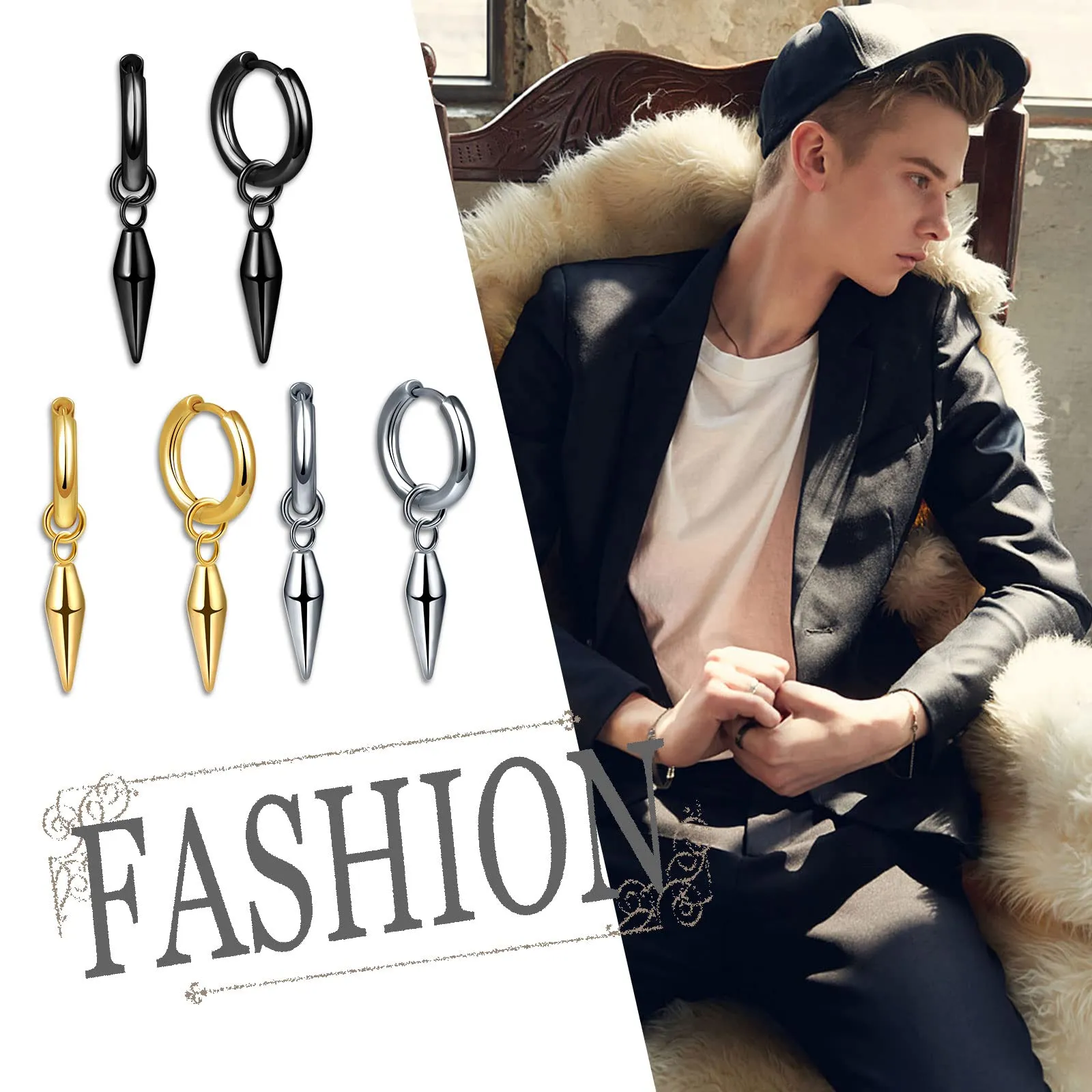 feilok 3 paia Orecchini Degli Uomini Orecchini Orecchini Studs Falso Spina In Acciaio Inossidabile per Gli Uomini Donne Ragazzo Regalo - immagine 5