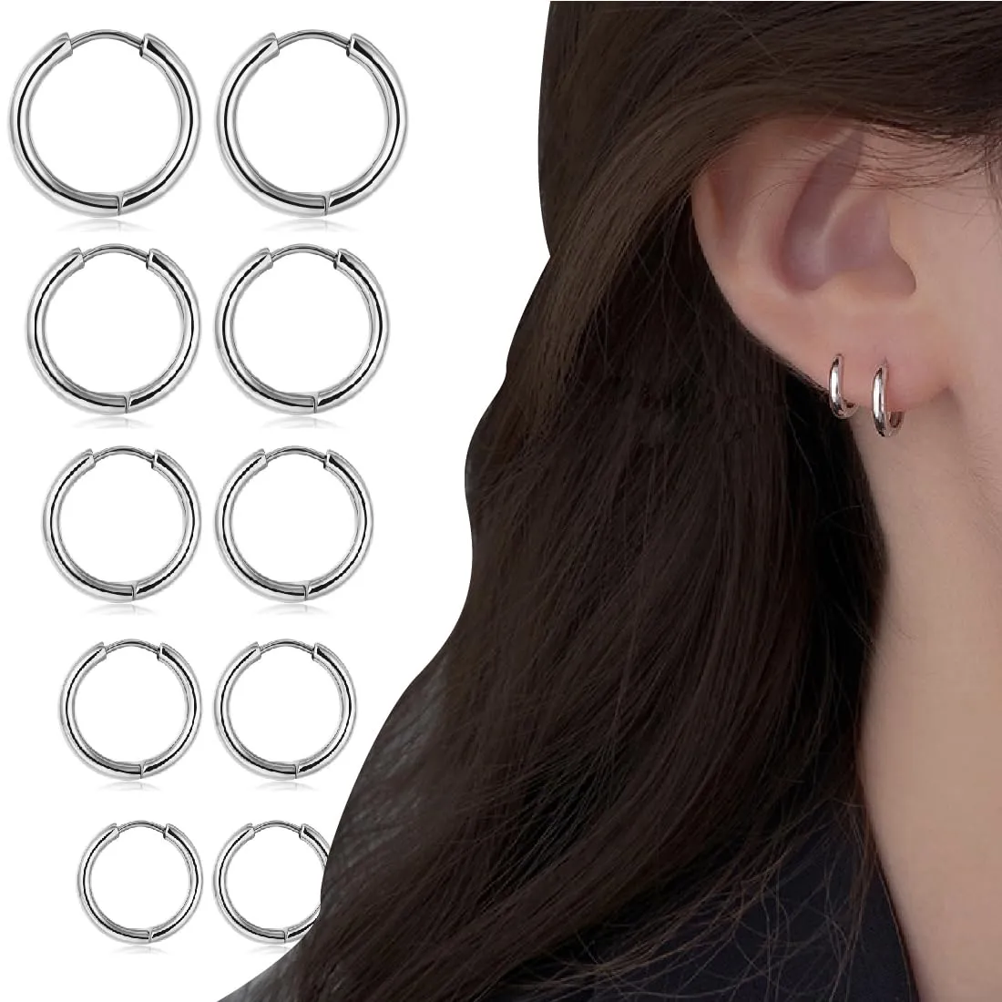 LICHUANUK 5 Paia Orecchini a Cerchio in Acciaio Inossidabile Piccoli Orecchini a Cerchio Cartilagineo Anelli per Labbra Naso per Uomini e Donne 8/10/12/14/16mm, argento - immagine 1