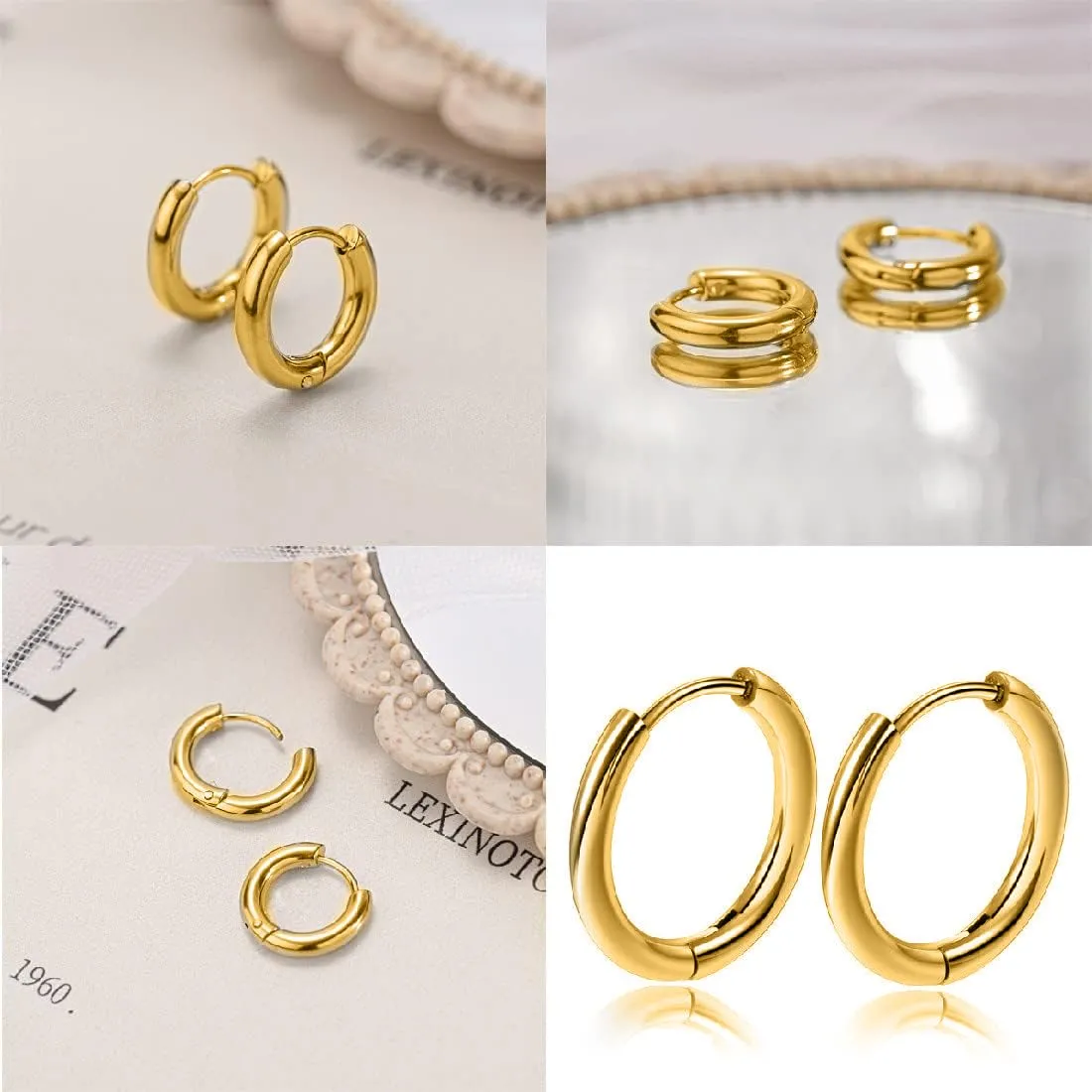 LICHUANUK 5 Paia Orecchini Acciaio Inossidabile di Orecchini Cerchio Piccoli per Uomini e Donne Ipoallergenici Set di Orecchini 8-16 mm (oro) - immagine 3