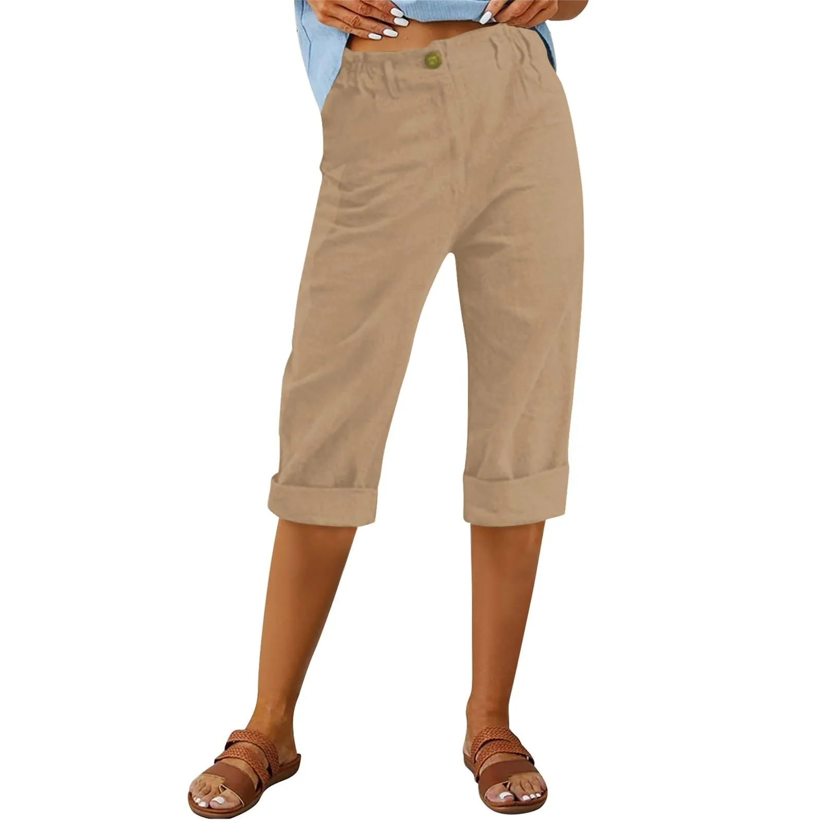 HEONSATI Pinocchietto Estivo Donna Bermuda Estivi Eleganti Casual Pantaloni 3/4 da Donna Leggeri Pinocchietti Capri di Lino Sciolto Pantalone al Ginocchio Larghi Shorts Sportivi Coulisse Regolabile - immagine 1