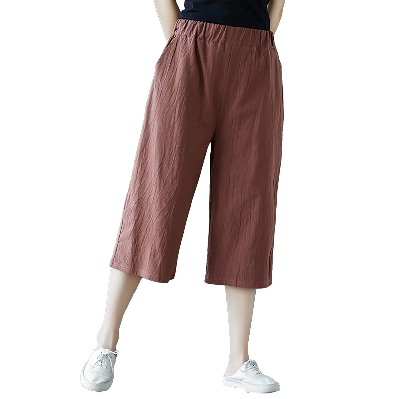 Pinocchietto Donna Taglie Forti Pinocchietti Sportivi Cotone E Lino Casual Bermuda Cropped Leggeri Da Donna Pantalone 3/4 Di Lino Traspiranti Pantaloni Palazzo Larghi Shorts Estivi Taglie Forti - immagine 1