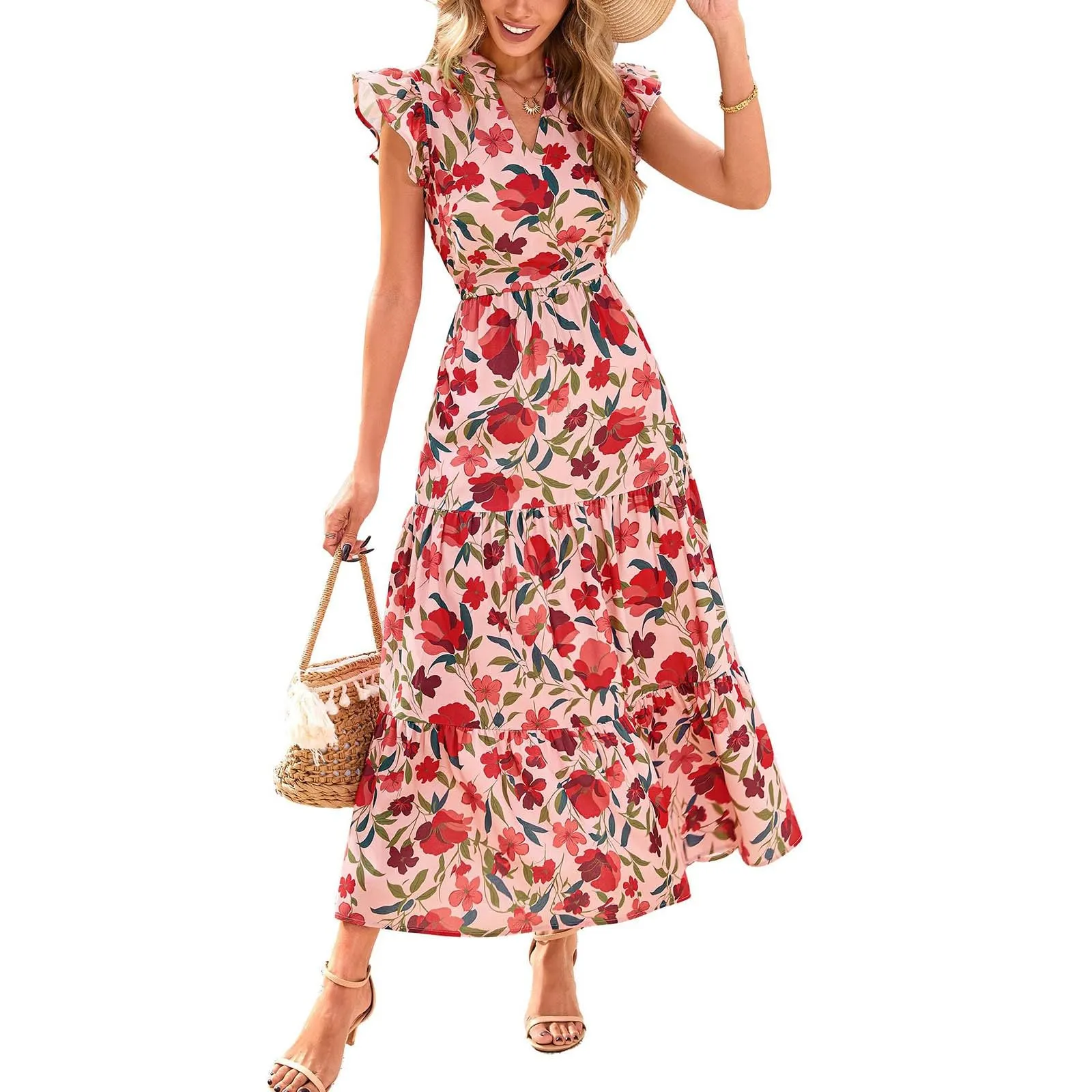 A linee, abito estivo da donna, lungo, con scollo a V, elegante, a vita alta, con maniche a mosca, abito da donna, stile boho, per il tempo libero, leggero, Colore: rosso, S - immagine 5