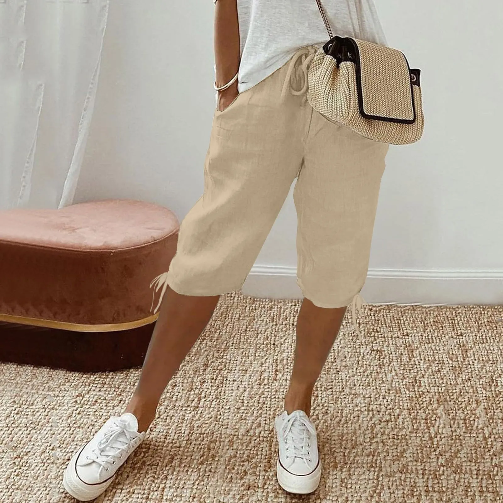 HEONSATI Pinocchietti Donna Estivi Eleganti Pinocchietti Cotone E Lino Estivi Eleganti Pantalone 7/8 Leggeri Casual Pantaloni Cropped di Lino Morbidi Bermuda Palazzo di Svago Baggy Taglie Forti - immagine 2