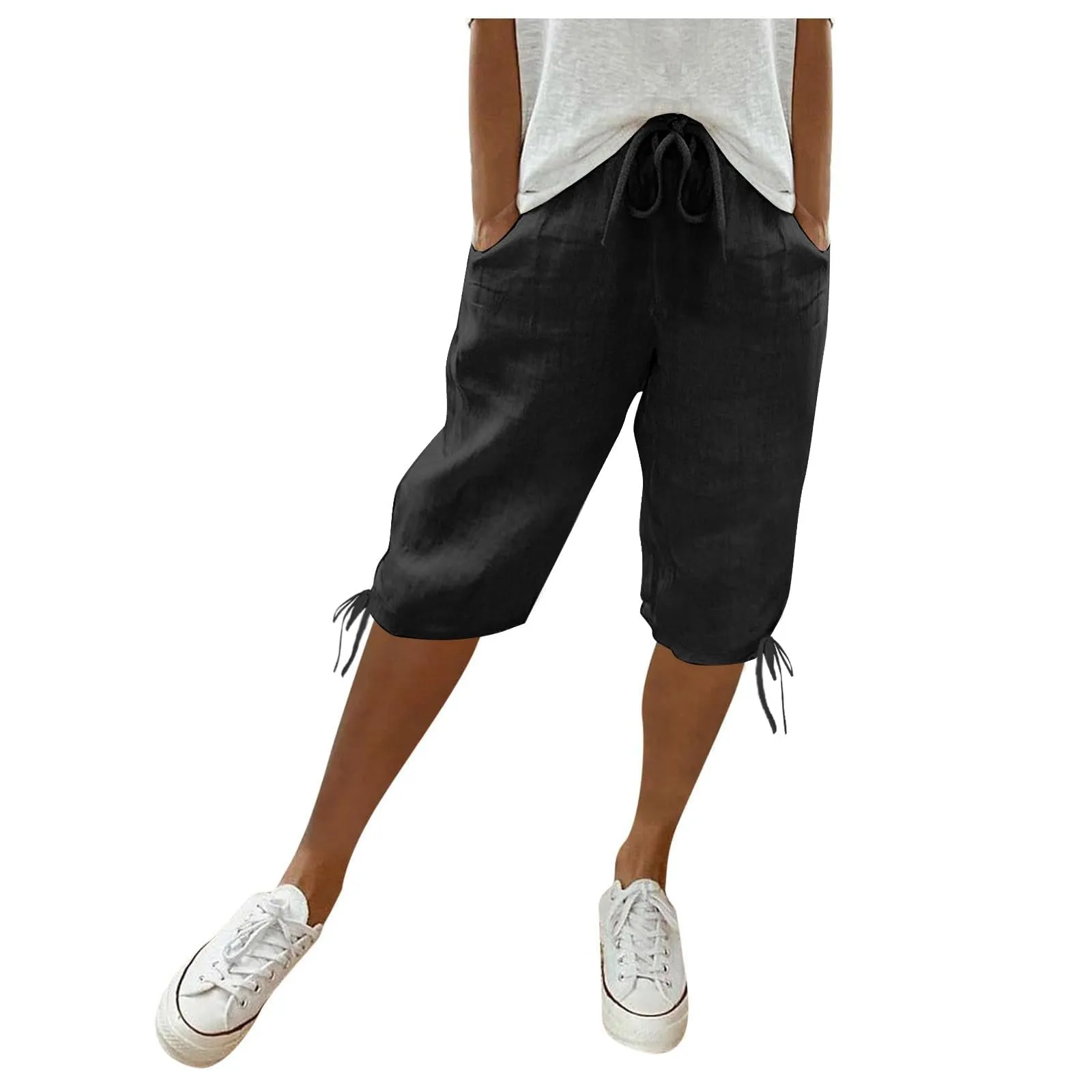 HEONSATI Pinocchietti Donna Estivi Eleganti Pinocchietti Cotone E Lino Estivi Eleganti Pantalone 7/8 Leggeri Casual Pantaloni Cropped di Lino Morbidi Bermuda Palazzo di Svago Baggy Taglie Forti - immagine 1