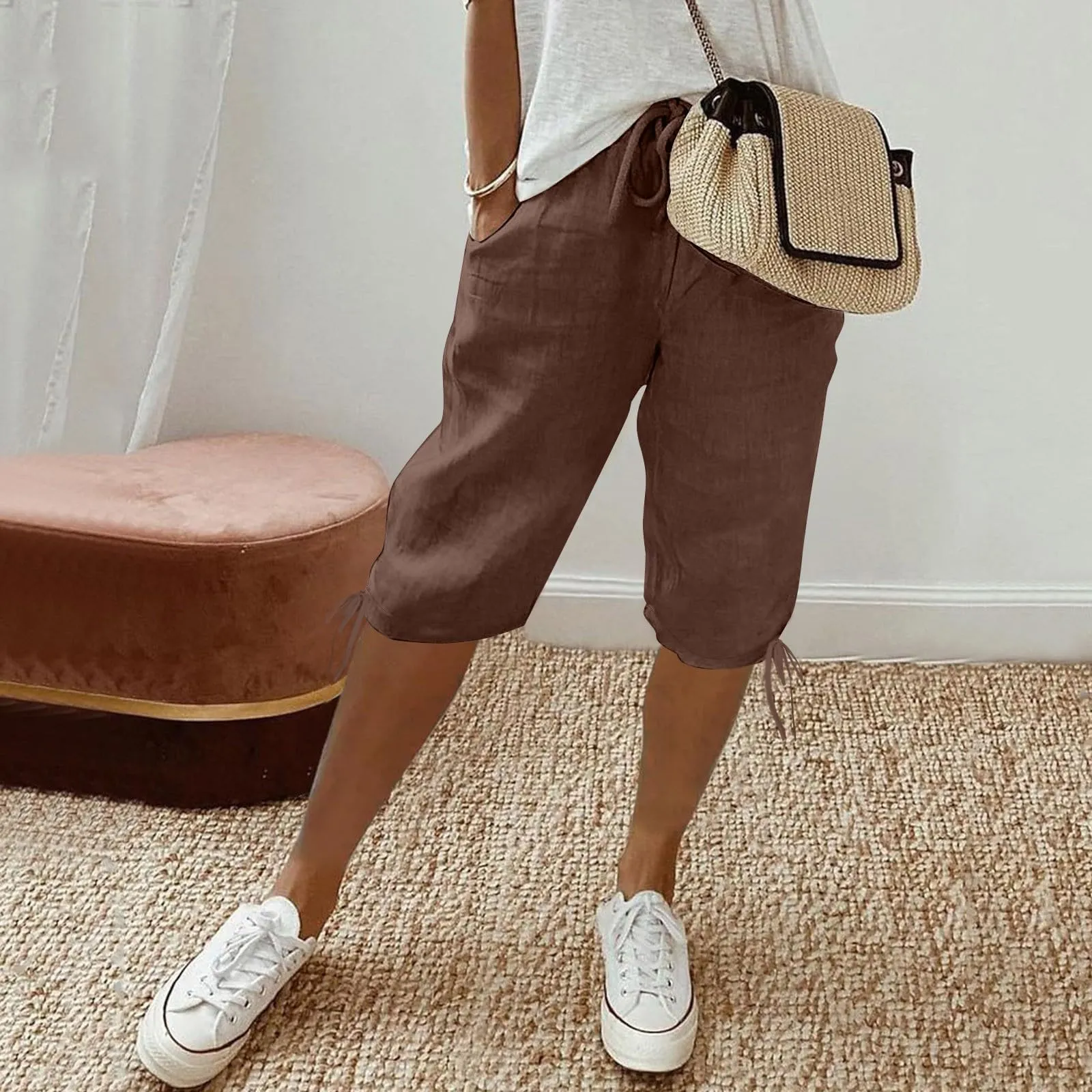 HEONSATI Pinocchietti Donna Estivi Eleganti Pinocchietti Cotone E Lino Estivi Eleganti Pantalone 7/8 Leggeri Casual Pantaloni Cropped di Lino Morbidi Bermuda Palazzo di Svago Baggy Taglie Forti - immagine 2