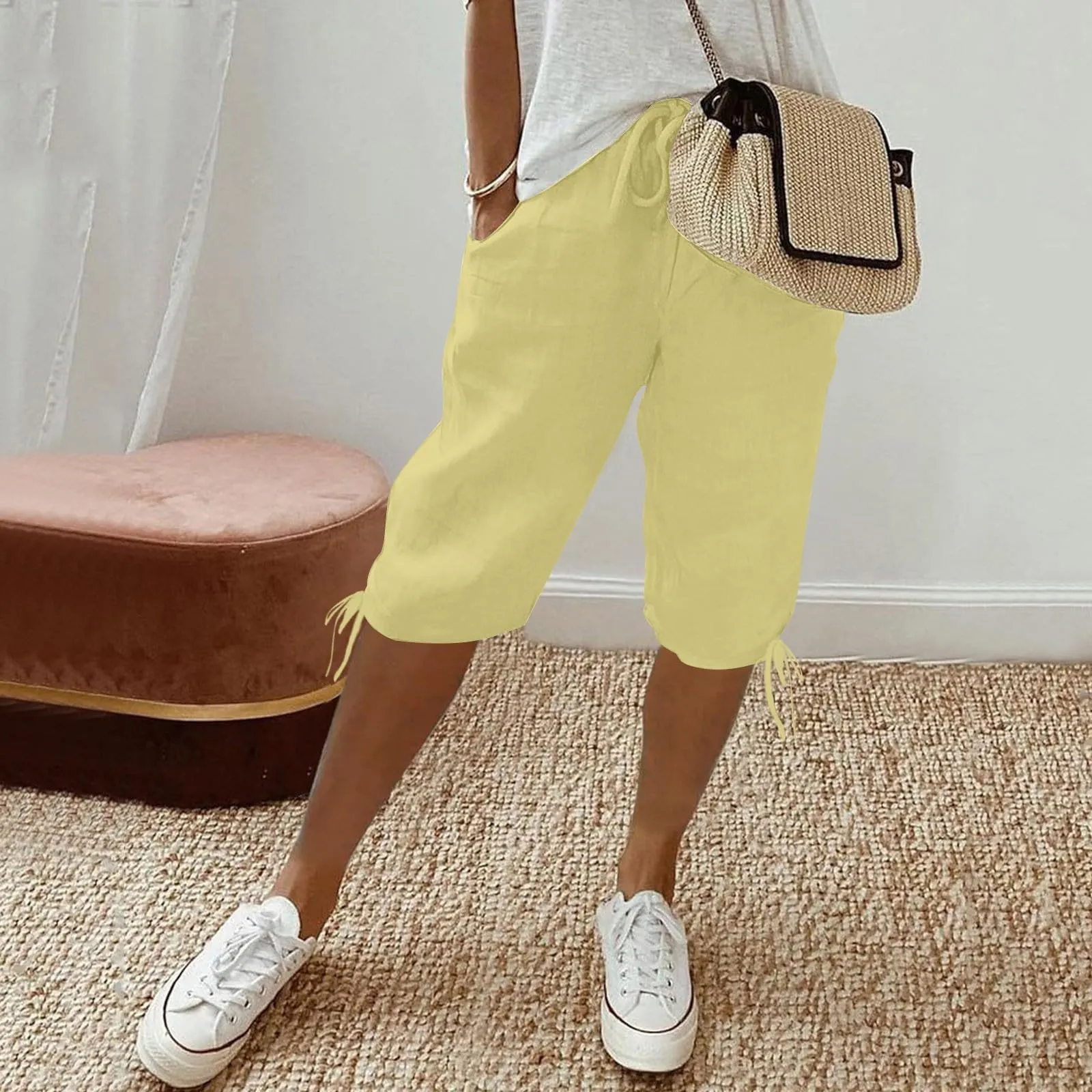 HEONSATI Pinocchietti Donna Estivi Eleganti Pinocchietti Cotone E Lino Estivi Eleganti Pantalone 7/8 Leggeri Casual Pantaloni Cropped di Lino Morbidi Bermuda Palazzo di Svago Baggy Taglie Forti - immagine 2