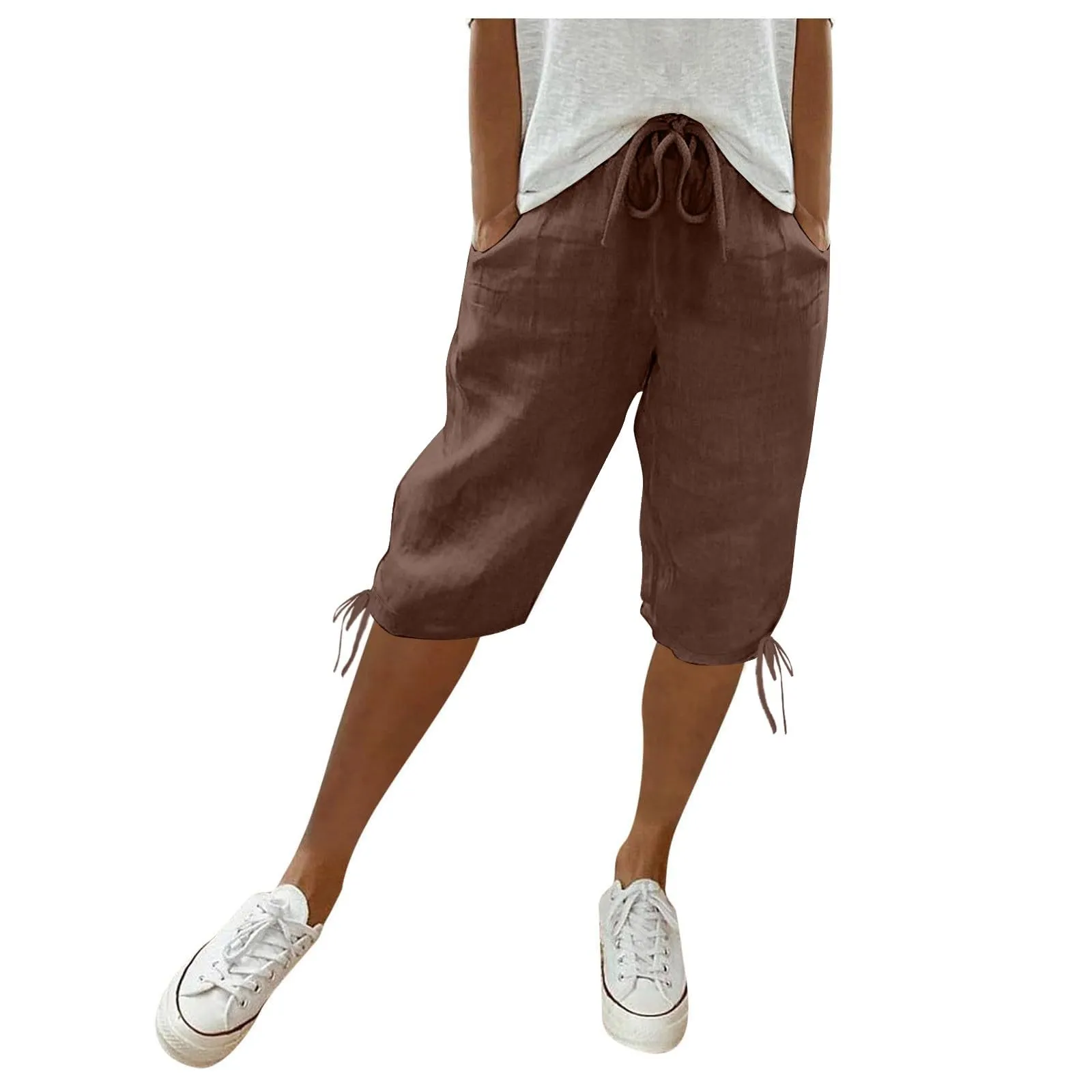 HEONSATI Pinocchietti Donna Estivi Eleganti Pinocchietti Cotone E Lino Estivi Eleganti Pantalone 7/8 Leggeri Casual Pantaloni Cropped di Lino Morbidi Bermuda Palazzo di Svago Baggy Taglie Forti - immagine 1