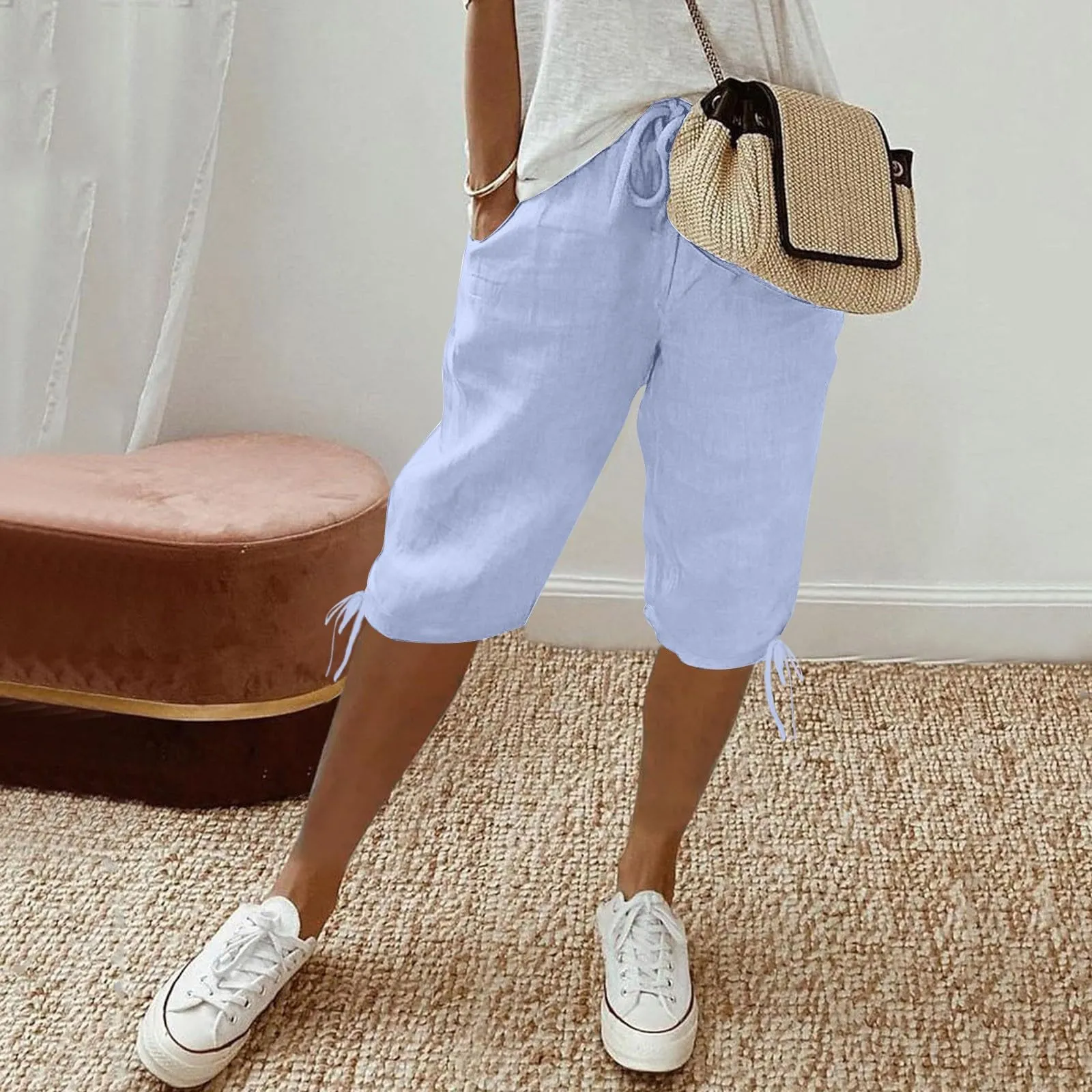 HEONSATI Pinocchietti Donna Estivi Eleganti Pinocchietti Cotone E Lino Estivi Eleganti Pantalone 7/8 Leggeri Casual Pantaloni Cropped di Lino Morbidi Bermuda Palazzo di Svago Baggy Taglie Forti - immagine 2