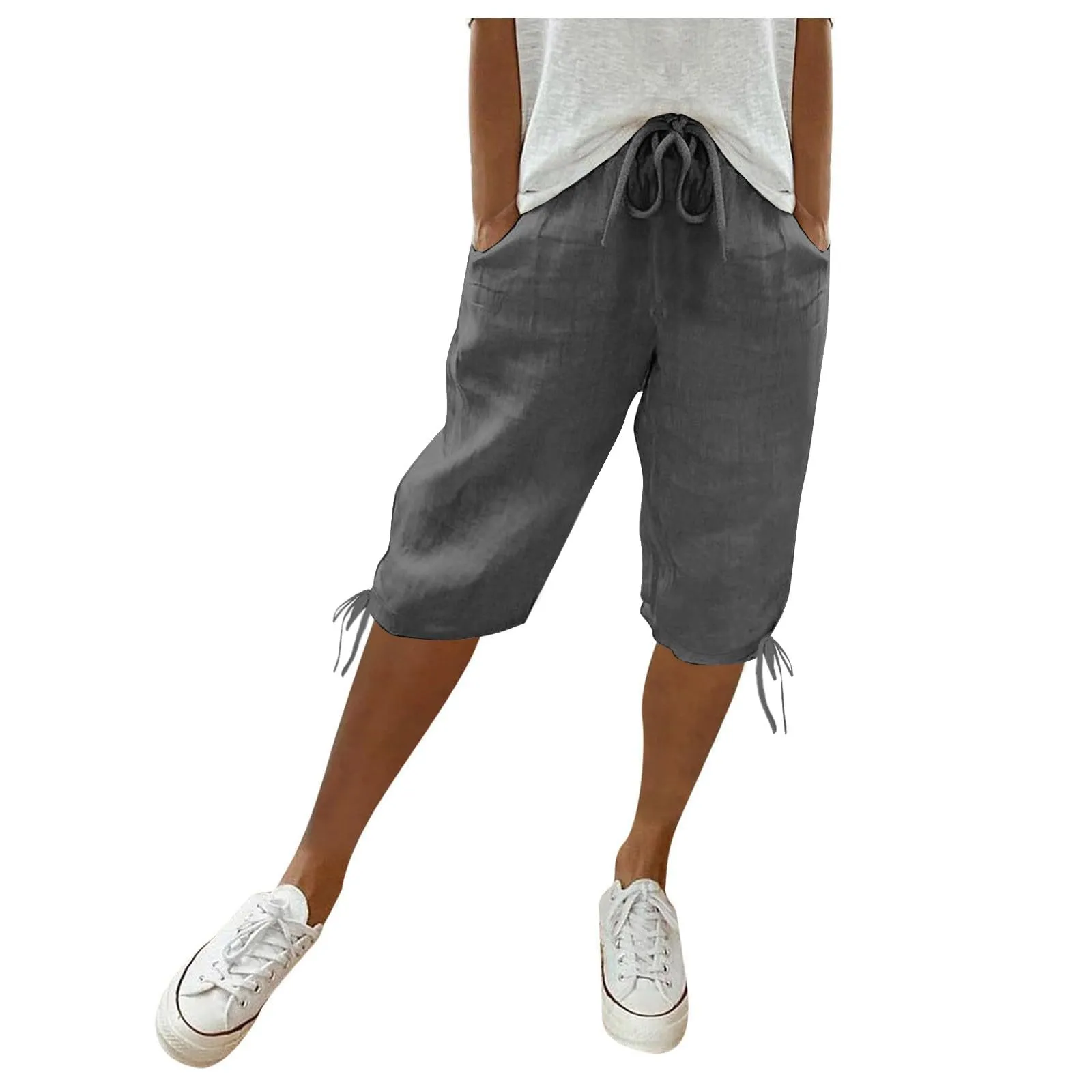 HEONSATI Pinocchietti Donna Estivi Eleganti Pinocchietti Cotone E Lino Estivi Eleganti Pantalone 7/8 Leggeri Casual Pantaloni Cropped di Lino Morbidi Bermuda Palazzo di Svago Baggy Taglie Forti - immagine 1