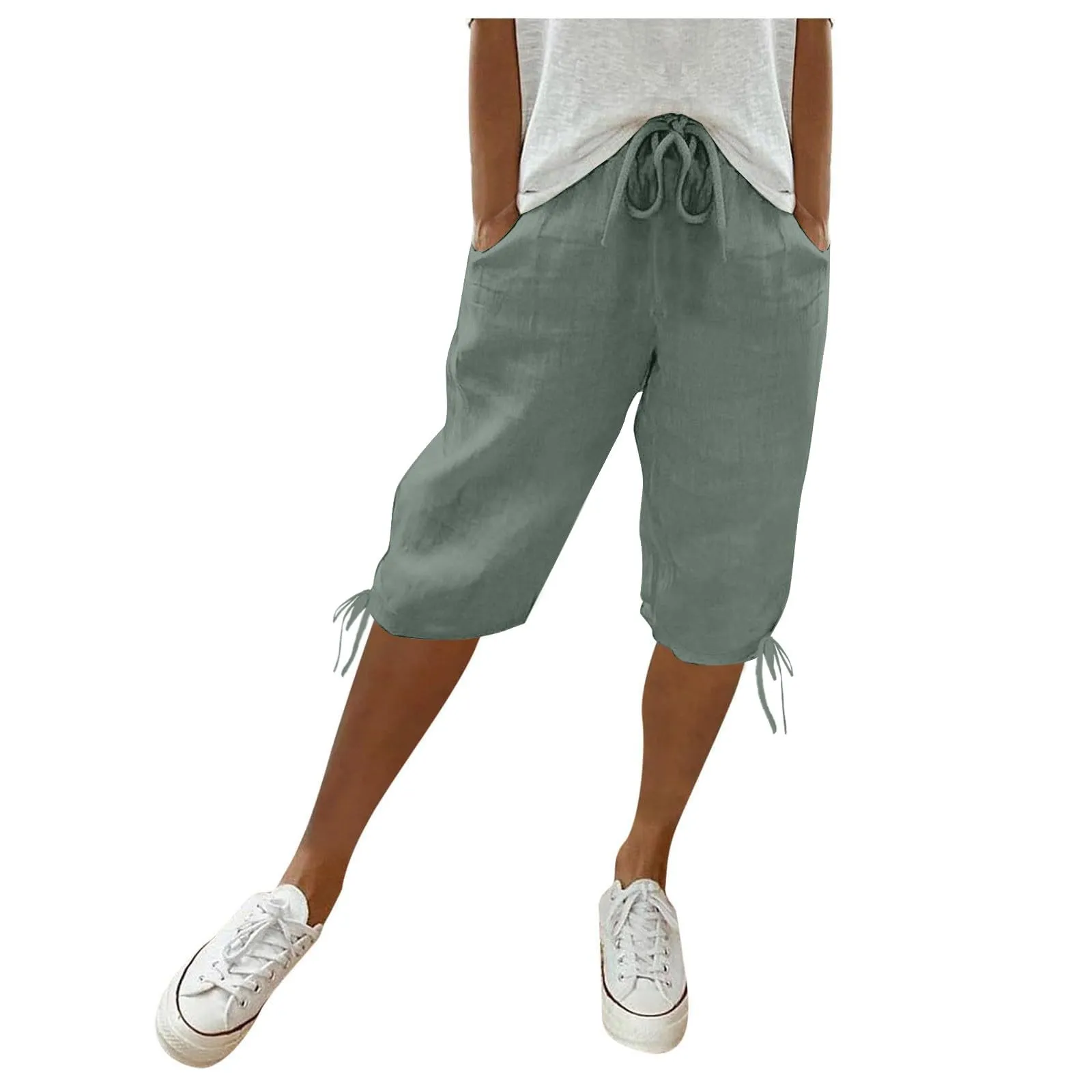 HEONSATI Pinocchietti Donna Estivi Eleganti Pinocchietti Cotone E Lino Estivi Eleganti Pantalone 7/8 Leggeri Casual Pantaloni Cropped di Lino Morbidi Bermuda Palazzo di Svago Baggy Taglie Forti - immagine 1