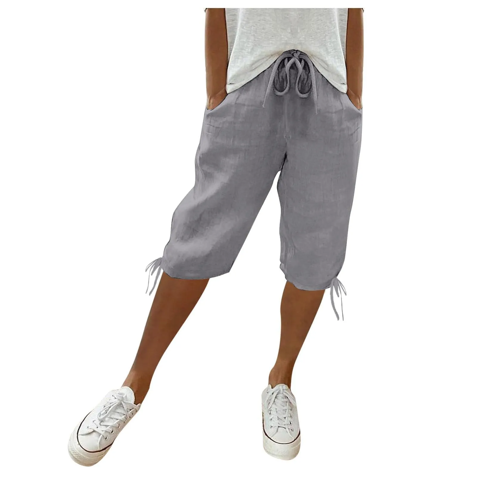 HEONSATI Pinocchietti Donna Estivi Eleganti Pinocchietti Cotone E Lino Estivi Eleganti Pantalone 7/8 Leggeri Casual Pantaloni Cropped di Lino Morbidi Bermuda Palazzo di Svago Baggy Taglie Forti - immagine 1