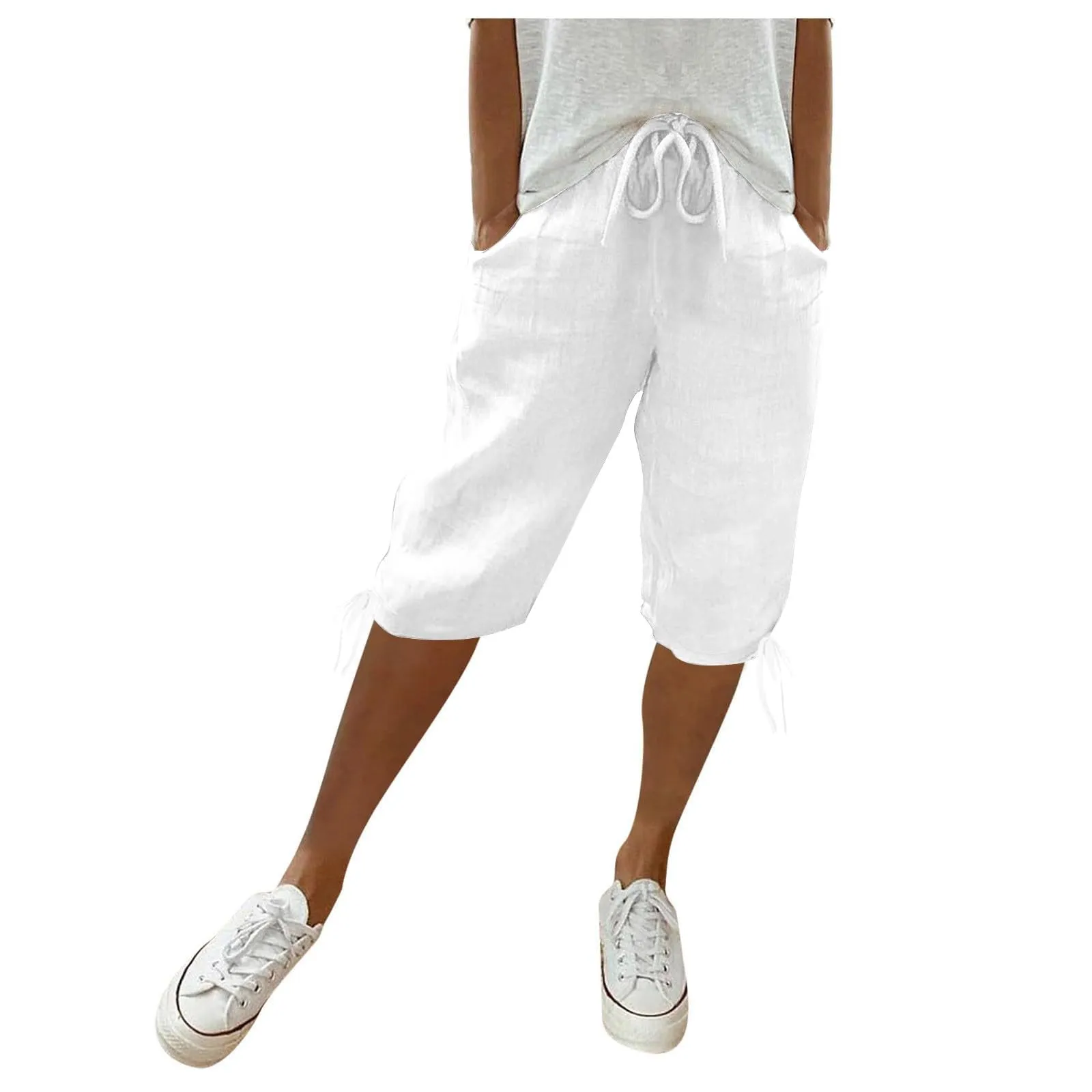HEONSATI Pinocchietti Donna Estivi Eleganti Pinocchietti Cotone E Lino Estivi Eleganti Pantalone 7/8 Leggeri Casual Pantaloni Cropped di Lino Morbidi Bermuda Palazzo di Svago Baggy Taglie Forti - immagine 1