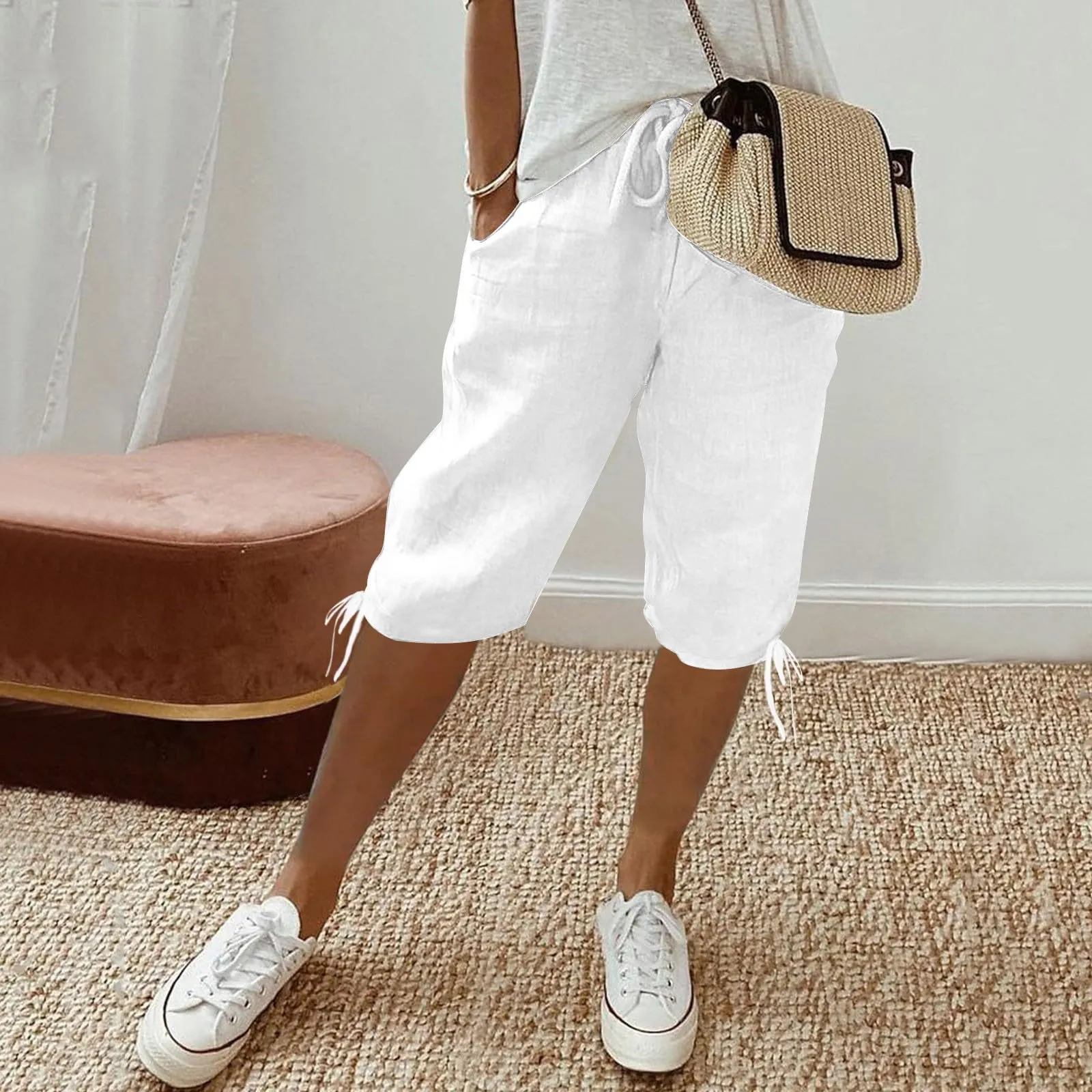 HEONSATI Pinocchietti Donna Estivi Eleganti Pinocchietti Cotone E Lino Estivi Eleganti Pantalone 7/8 Leggeri Casual Pantaloni Cropped di Lino Morbidi Bermuda Palazzo di Svago Baggy Taglie Forti - immagine 2