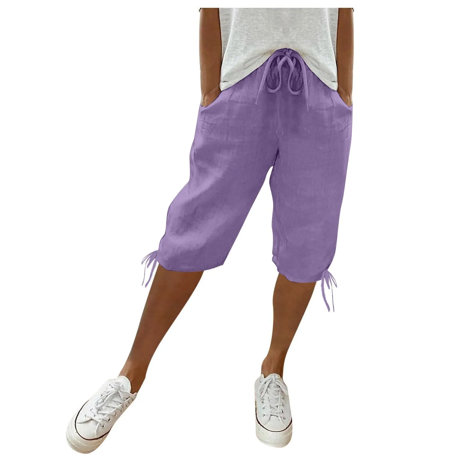 HEONSATI Pinocchietti Donna Estivi Eleganti Pinocchietti Cotone E Lino Estivi Eleganti Pantalone 7/8 Leggeri Casual Pantaloni Cropped di Lino Morbidi Bermuda Palazzo di Svago Baggy Taglie Forti - immagine 1
