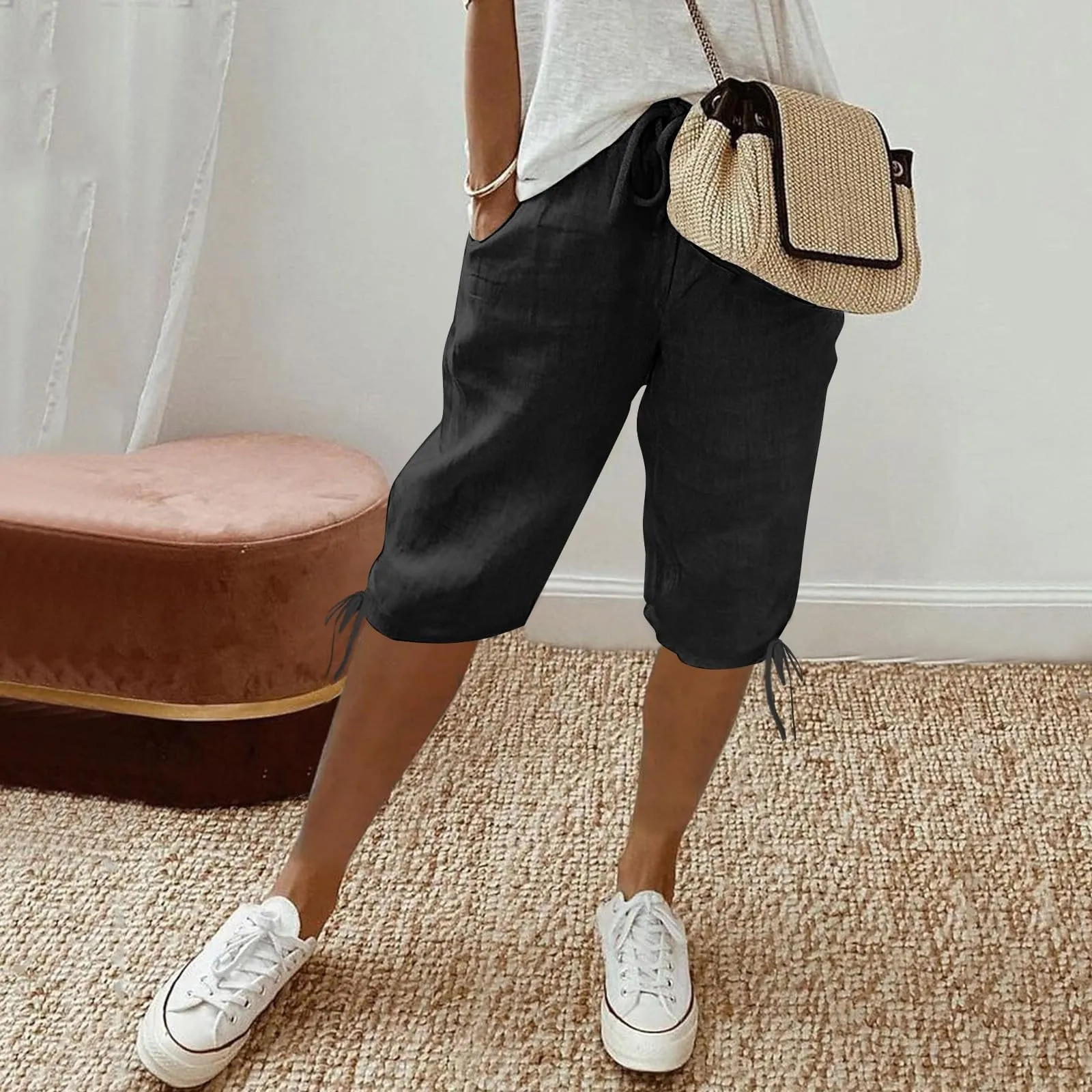 HEONSATI Pinocchietti Donna Estivi Eleganti Pinocchietti Cotone E Lino Estivi Eleganti Pantalone 7/8 Leggeri Casual Pantaloni Cropped di Lino Morbidi Bermuda Palazzo di Svago Baggy Taglie Forti - immagine 2