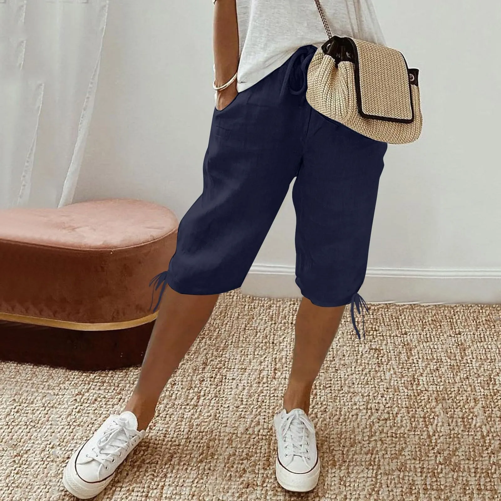 HEONSATI Pinocchietti Donna Estivi Eleganti Pinocchietti Cotone E Lino Estivi Eleganti Pantalone 7/8 Leggeri Casual Pantaloni Cropped di Lino Morbidi Bermuda Palazzo di Svago Baggy Taglie Forti - immagine 2