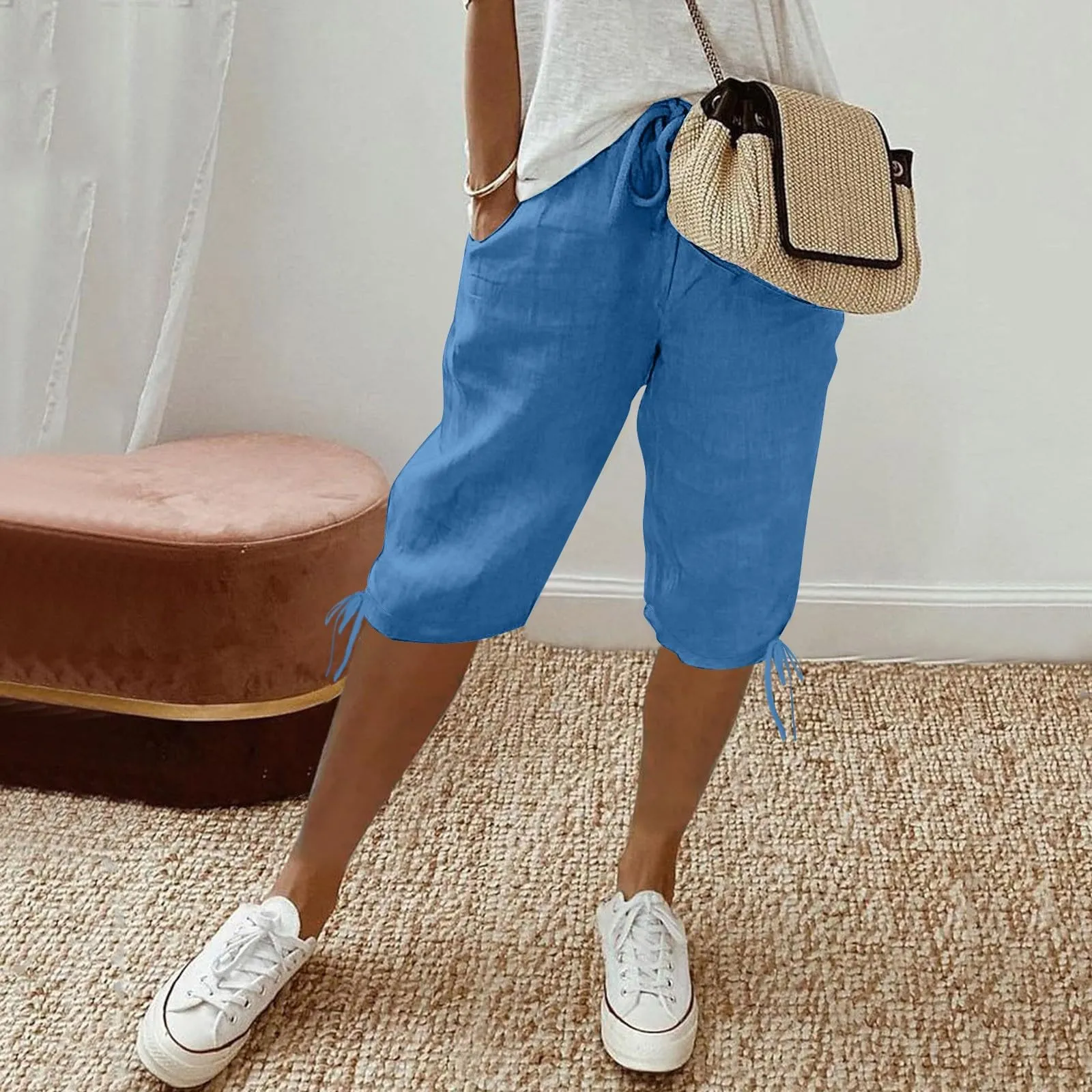 HEONSATI Pinocchietti Donna Estivi Eleganti Pinocchietti Cotone E Lino Estivi Eleganti Pantalone 7/8 Leggeri Casual Pantaloni Cropped di Lino Morbidi Bermuda Palazzo di Svago Baggy Taglie Forti - immagine 2