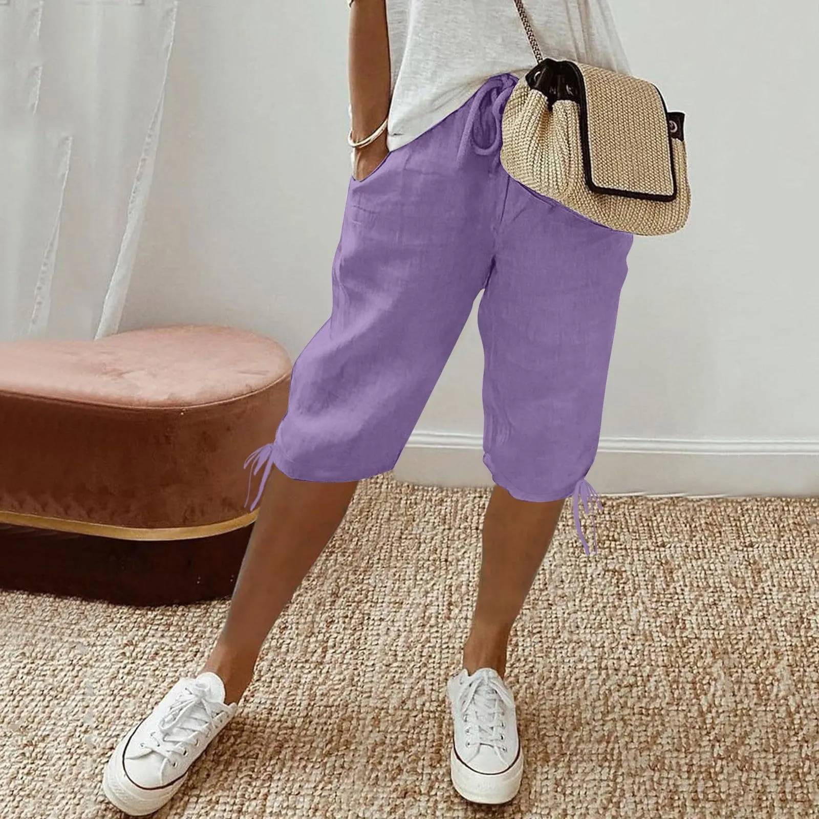 HEONSATI Pinocchietti Donna Estivi Eleganti Pinocchietti Cotone E Lino Estivi Eleganti Pantalone 7/8 Leggeri Casual Pantaloni Cropped di Lino Morbidi Bermuda Palazzo di Svago Baggy Taglie Forti - immagine 2
