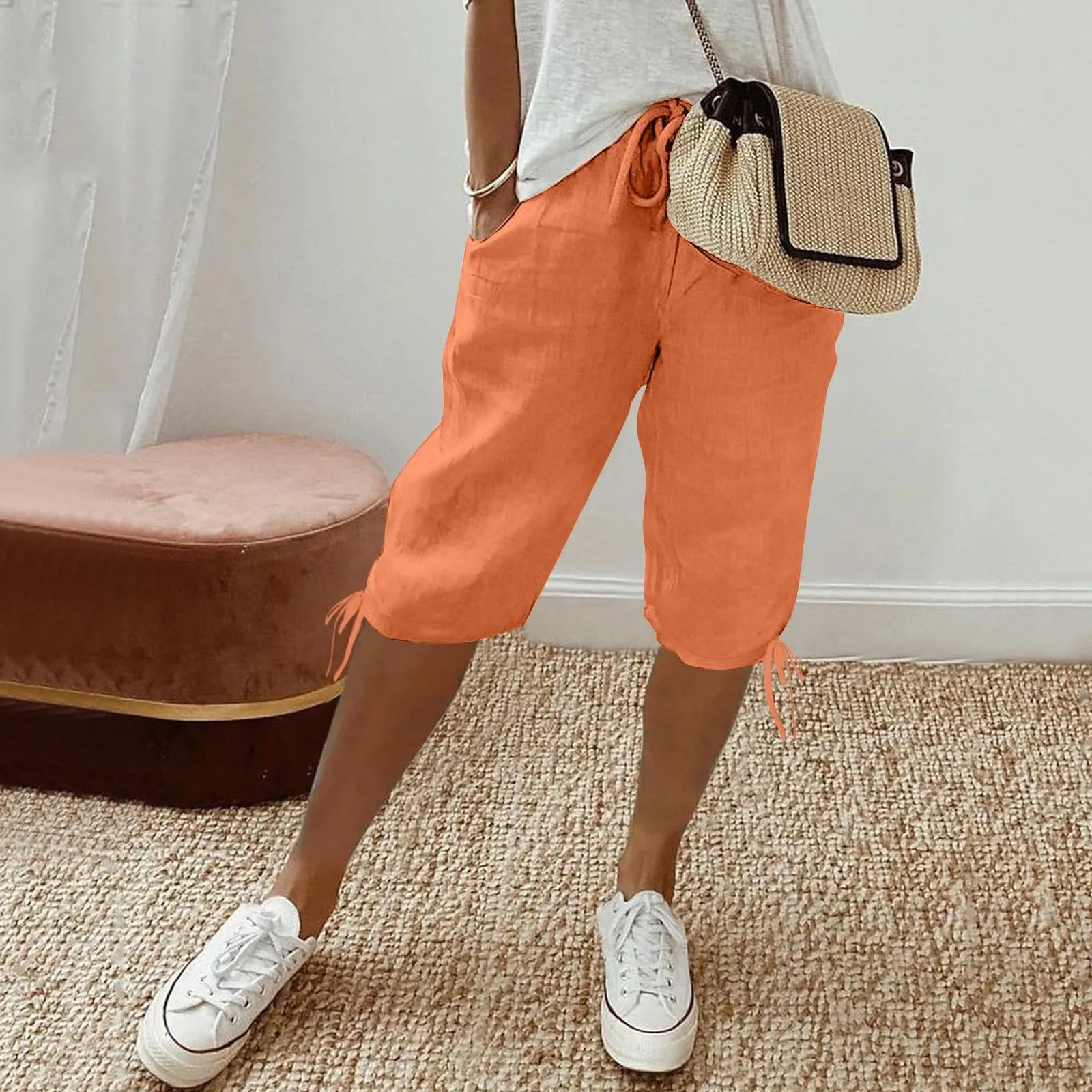 HEONSATI Pinocchietti Donna Estivi Eleganti Pinocchietti Cotone E Lino Estivi Eleganti Pantalone 7/8 Leggeri Casual Pantaloni Cropped di Lino Morbidi Bermuda Palazzo di Svago Baggy Taglie Forti - immagine 2