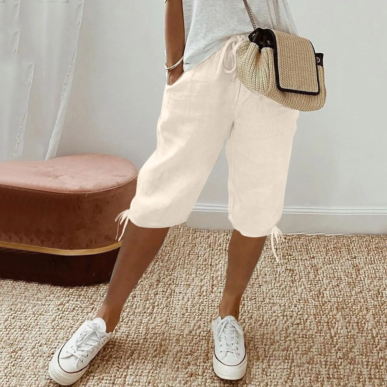 HEONSATI Pinocchietti Donna Estivi Eleganti Pinocchietti Cotone E Lino Estivi Eleganti Pantalone 7/8 Leggeri Casual Pantaloni Cropped di Lino Morbidi Bermuda Palazzo di Svago Baggy Taglie Forti - immagine 2