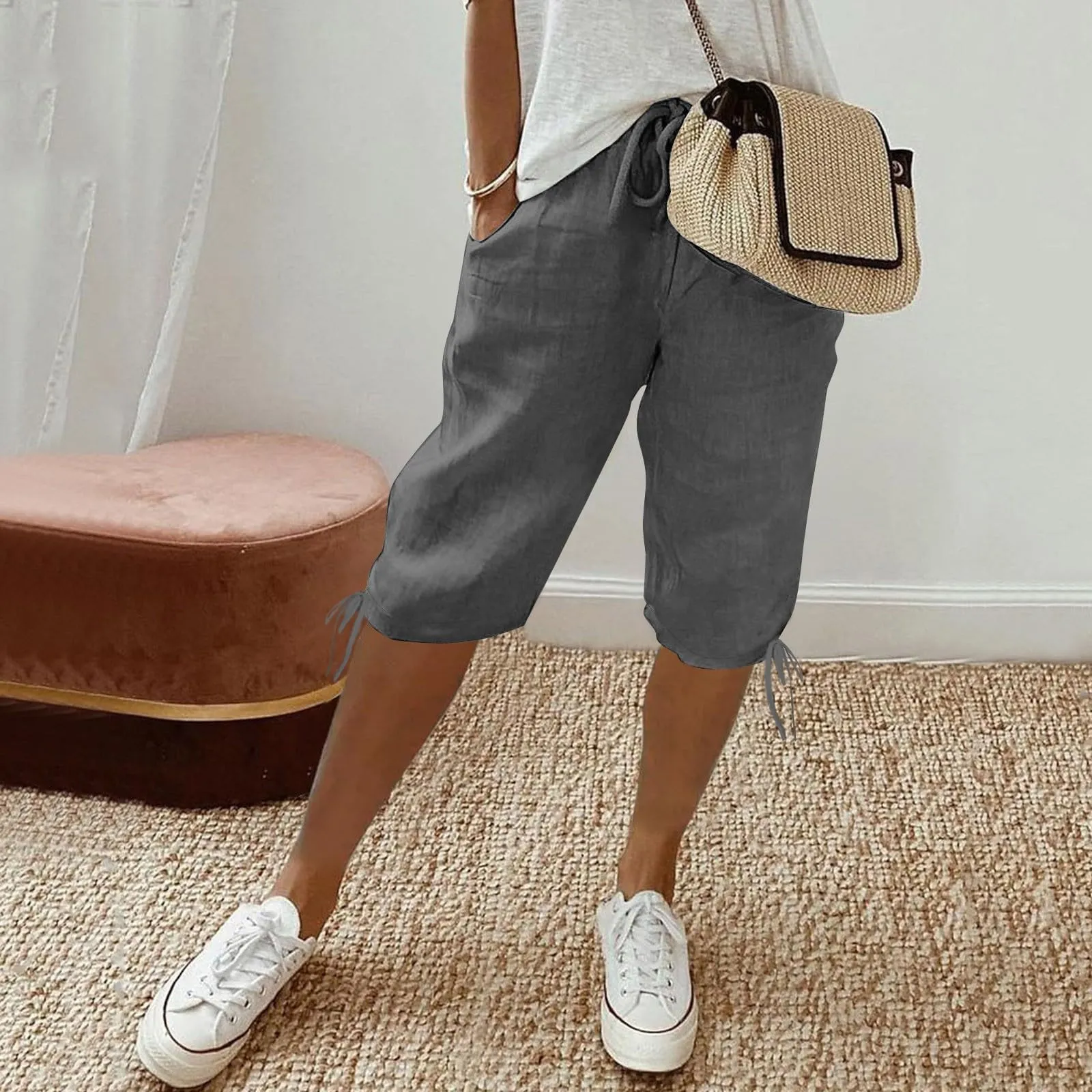 HEONSATI Pinocchietti Donna Estivi Eleganti Pinocchietti Cotone E Lino Estivi Eleganti Pantalone 7/8 Leggeri Casual Pantaloni Cropped di Lino Morbidi Bermuda Palazzo di Svago Baggy Taglie Forti - immagine 2