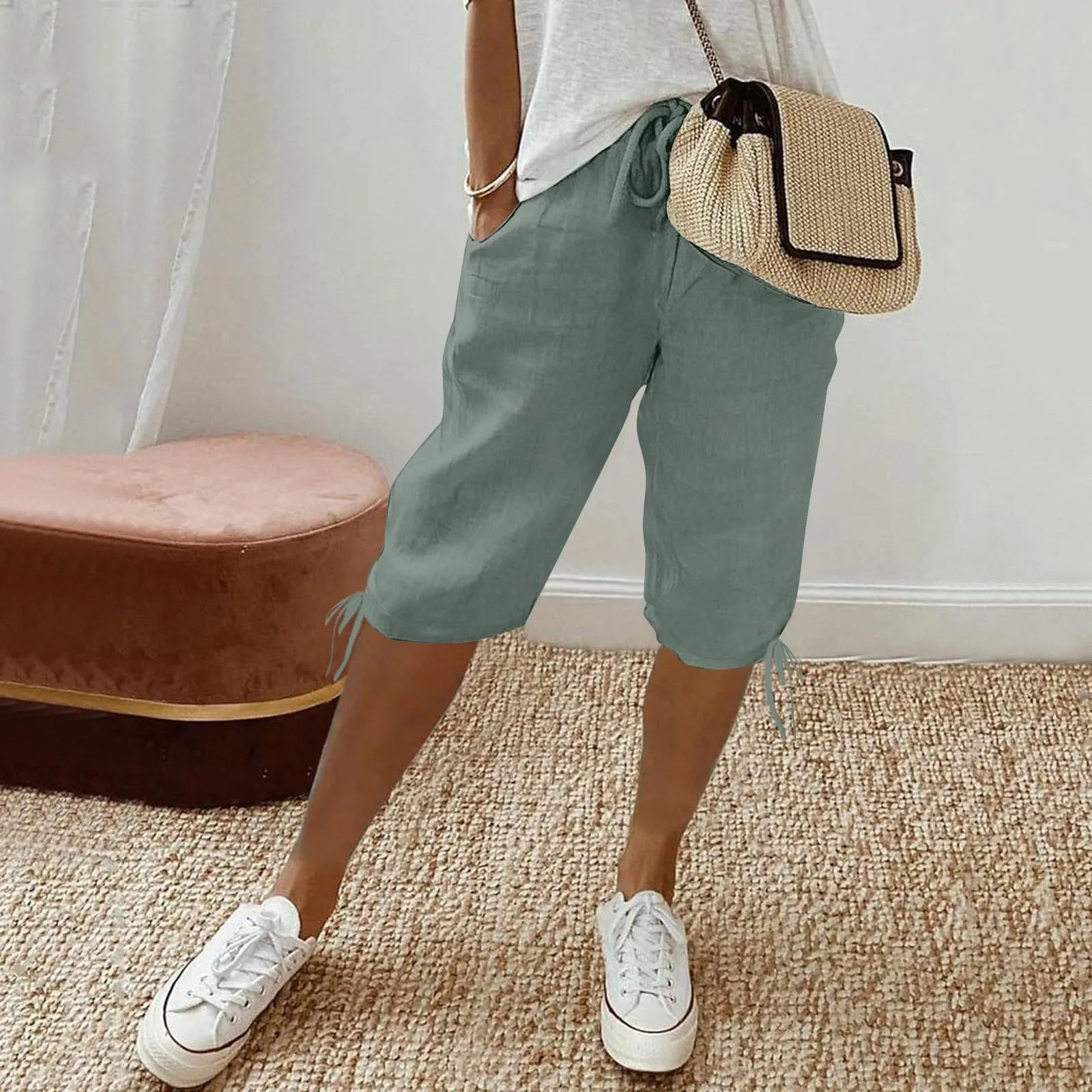 HEONSATI Pinocchietti Donna Estivi Eleganti Pinocchietti Cotone E Lino Estivi Eleganti Pantalone 7/8 Leggeri Casual Pantaloni Cropped di Lino Morbidi Bermuda Palazzo di Svago Baggy Taglie Forti - immagine 2