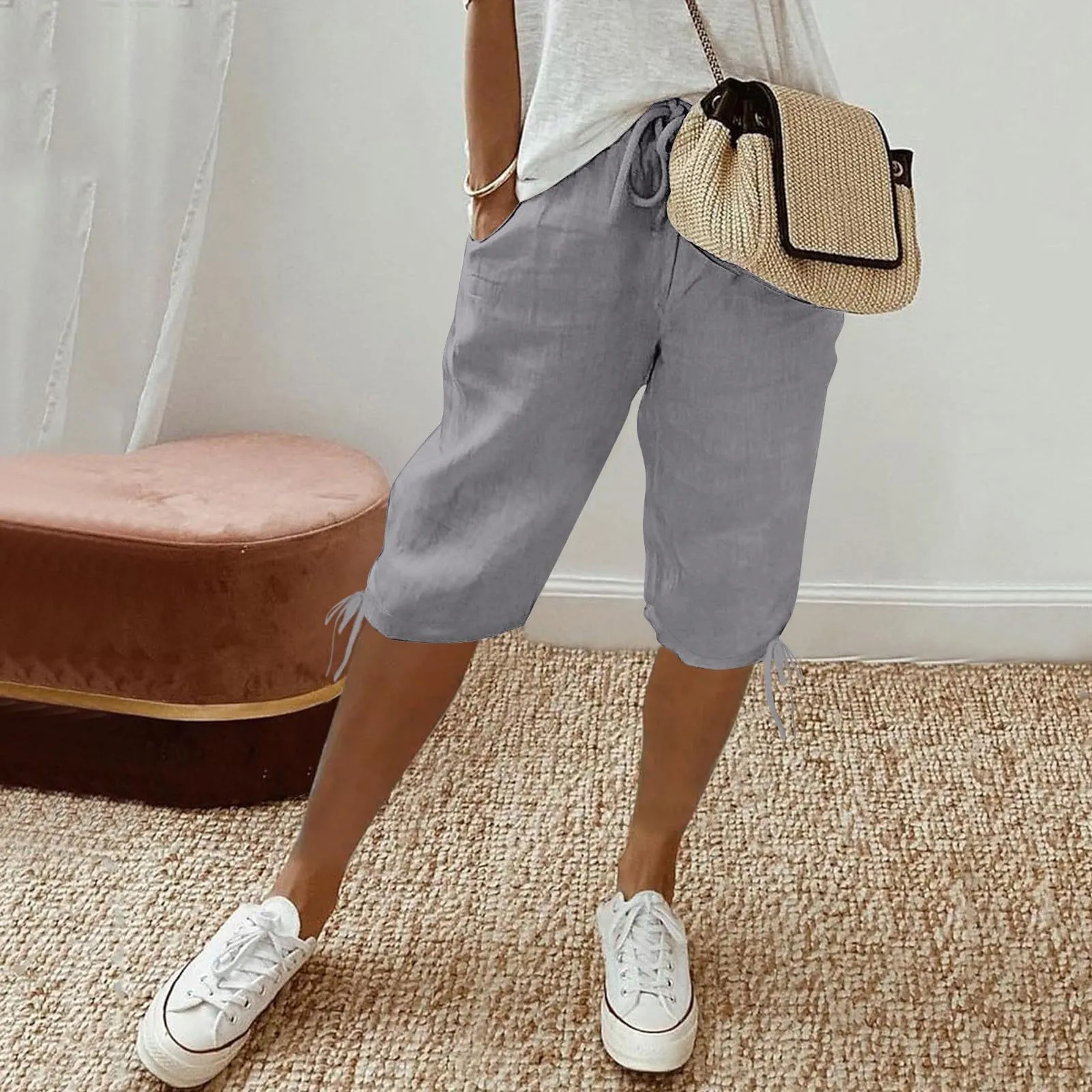 HEONSATI Pinocchietti Donna Estivi Eleganti Pinocchietti Cotone E Lino Estivi Eleganti Pantalone 7/8 Leggeri Casual Pantaloni Cropped di Lino Morbidi Bermuda Palazzo di Svago Baggy Taglie Forti - immagine 2