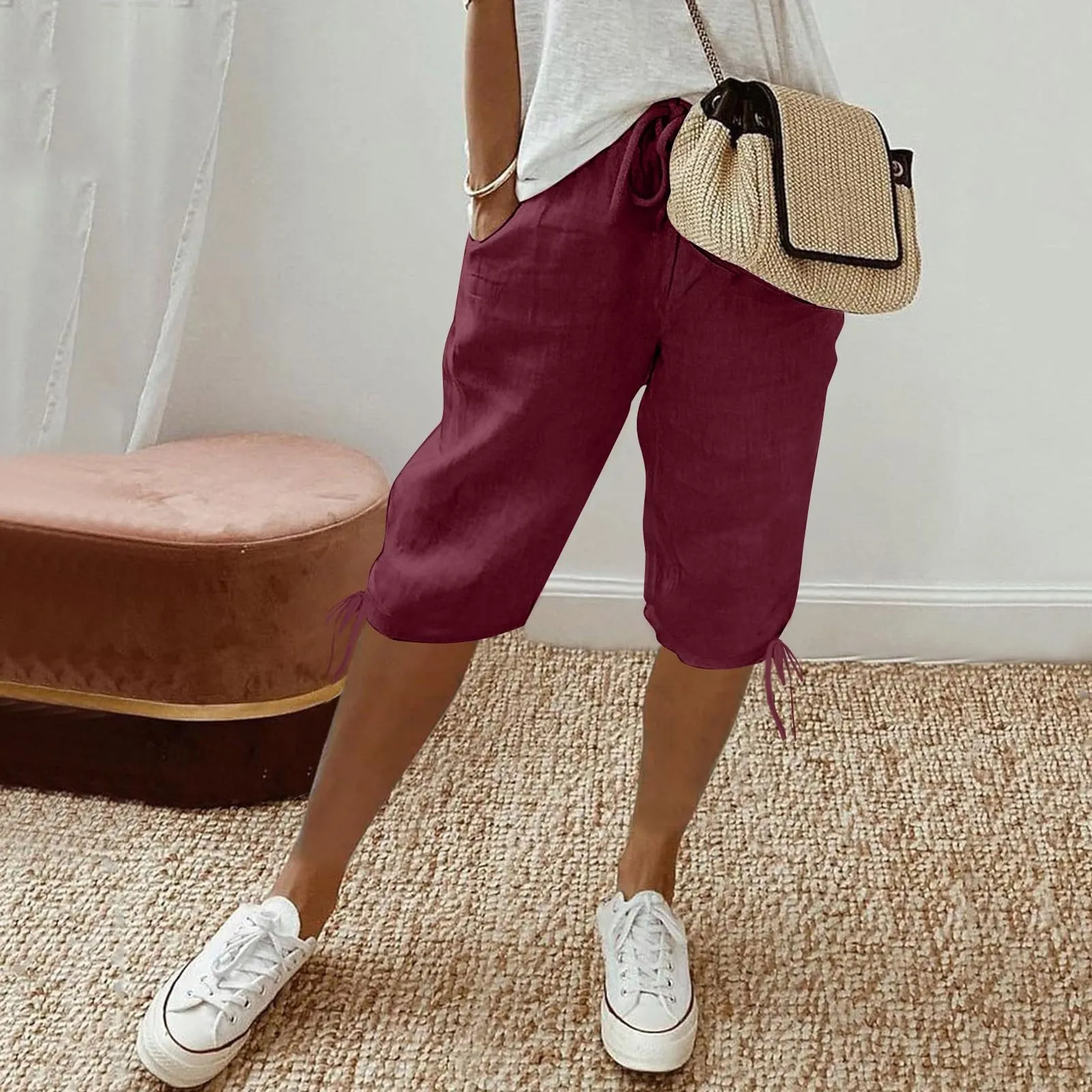 HEONSATI Pinocchietti Donna Estivi Eleganti Pinocchietti Cotone E Lino Estivi Eleganti Pantalone 7/8 Leggeri Casual Pantaloni Cropped di Lino Morbidi Bermuda Palazzo di Svago Baggy Taglie Forti - immagine 2