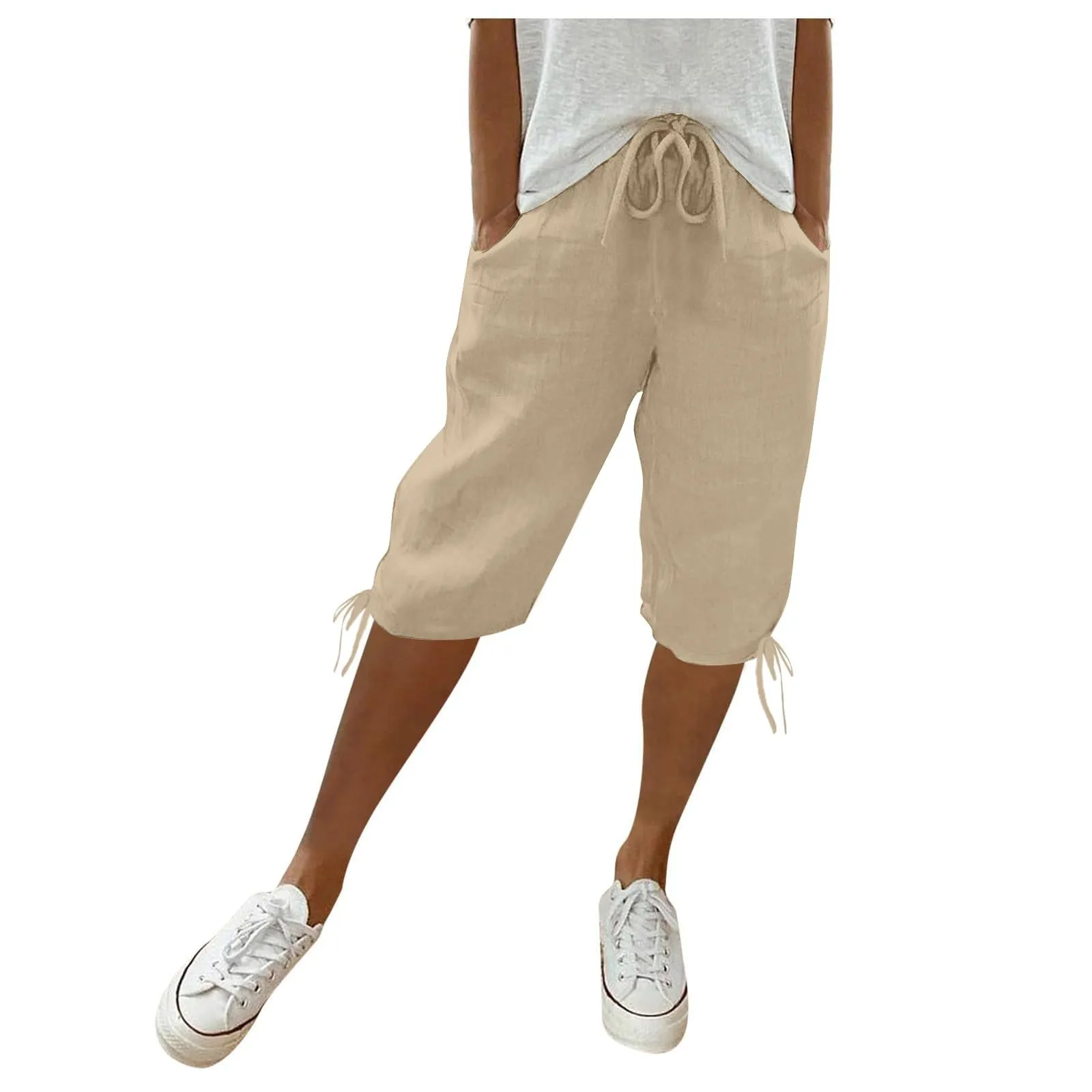 HEONSATI Pinocchietti Donna Estivi Eleganti Pinocchietti Cotone E Lino Estivi Eleganti Pantalone 7/8 Leggeri Casual Pantaloni Cropped di Lino Morbidi Bermuda Palazzo di Svago Baggy Taglie Forti - immagine 1