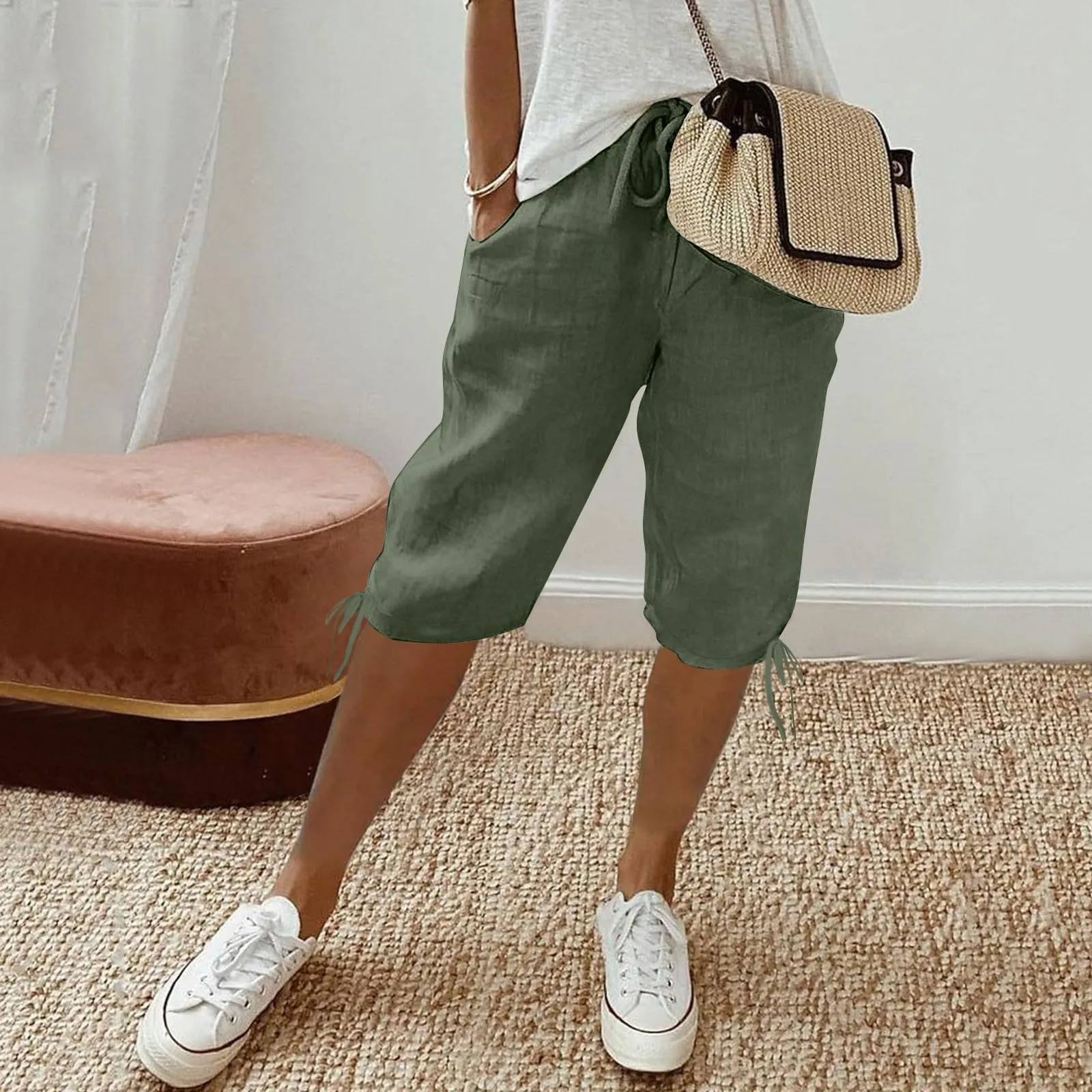 HEONSATI Pinocchietti Donna Estivi Eleganti Pinocchietti Cotone E Lino Estivi Eleganti Pantalone 7/8 Leggeri Casual Pantaloni Cropped di Lino Morbidi Bermuda Palazzo di Svago Baggy Taglie Forti - immagine 2