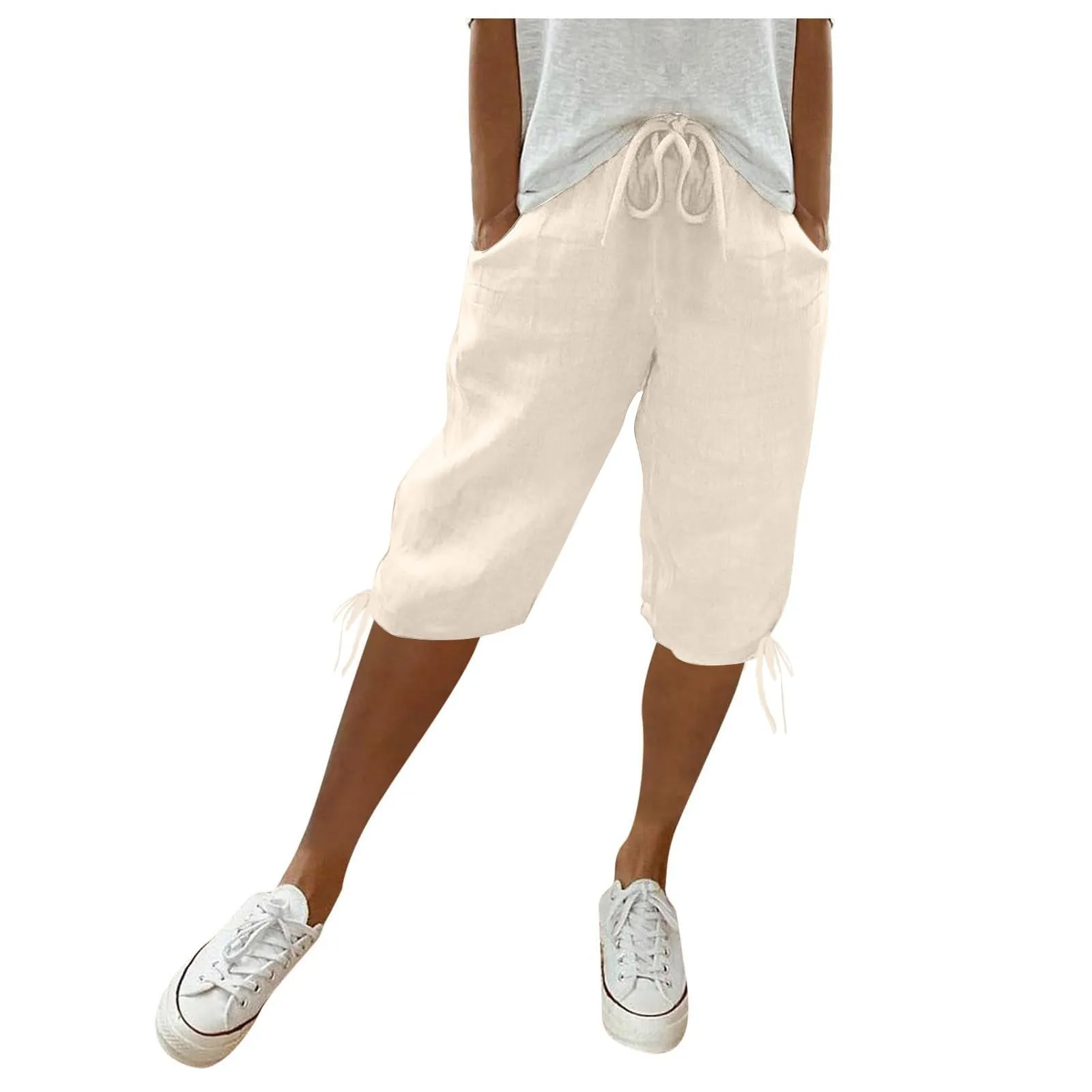 HEONSATI Pinocchietti Donna Estivi Eleganti Pinocchietti Cotone E Lino Estivi Eleganti Pantalone 7/8 Leggeri Casual Pantaloni Cropped di Lino Morbidi Bermuda Palazzo di Svago Baggy Taglie Forti - immagine 1