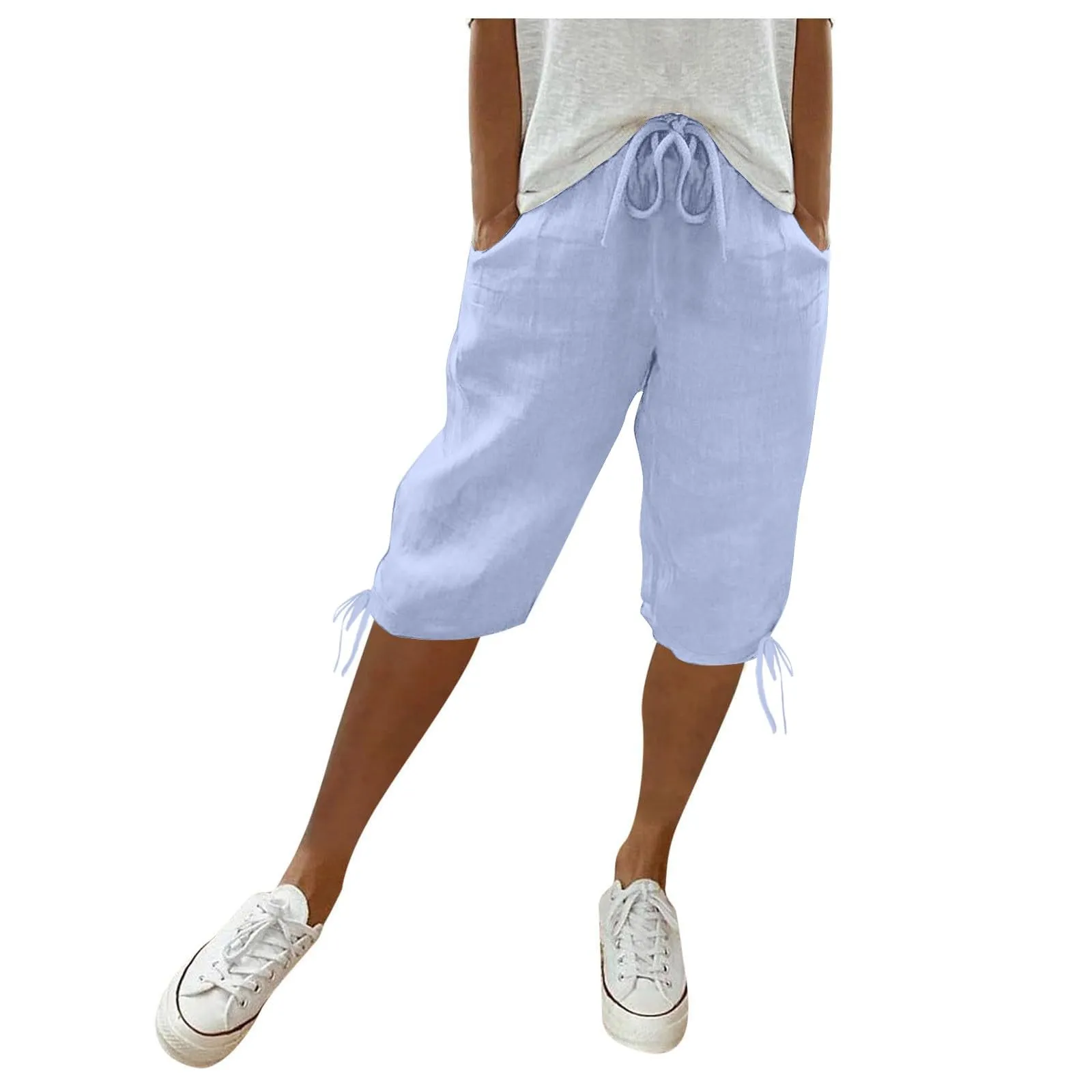 HEONSATI Pinocchietti Donna Estivi Eleganti Pinocchietti Cotone E Lino Estivi Eleganti Pantalone 7/8 Leggeri Casual Pantaloni Cropped di Lino Morbidi Bermuda Palazzo di Svago Baggy Taglie Forti - immagine 1