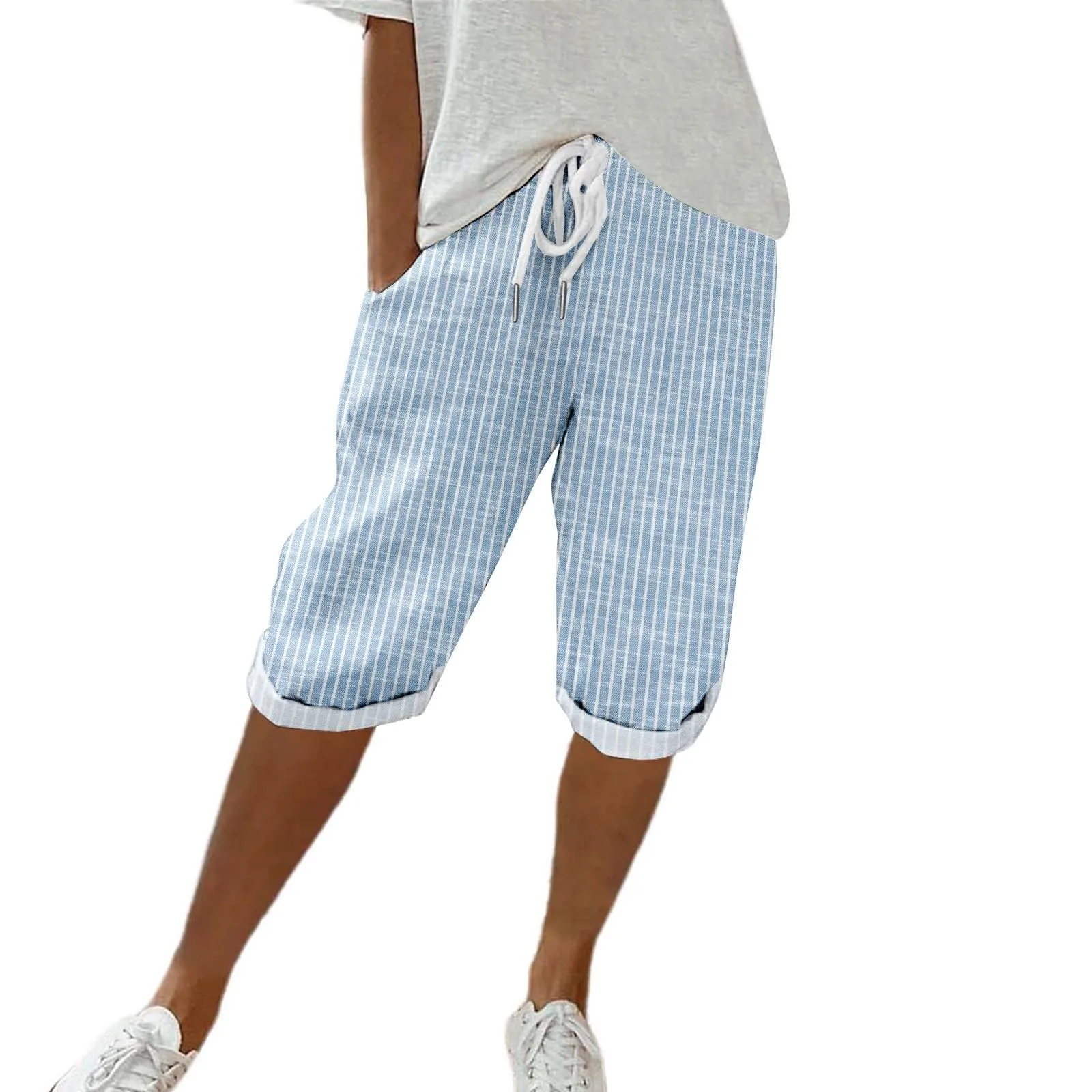 HEONSATI Pinocchietto Taglie Forti Donna Pantalone Eleganti Casual Sportivi Bermuda Capri Cotone E Lino Leggeri Pantaloni 3/4 in Cotone Taglie Forti Pinocchietti Palazzo Larghi Spiaggia Baggy - immagine 1