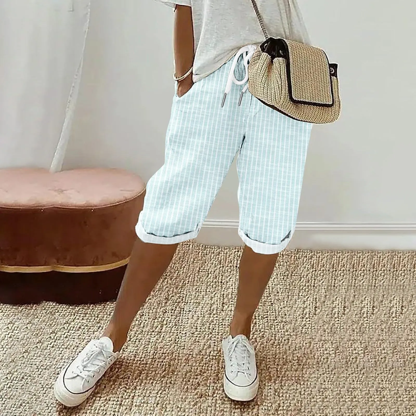 HEONSATI Pinocchietto Taglie Forti Donna Pantalone Eleganti Casual Sportivi Bermuda Capri Cotone E Lino Leggeri Pantaloni 3/4 in Cotone Taglie Forti Pinocchietti Palazzo Larghi Spiaggia Baggy - immagine 2