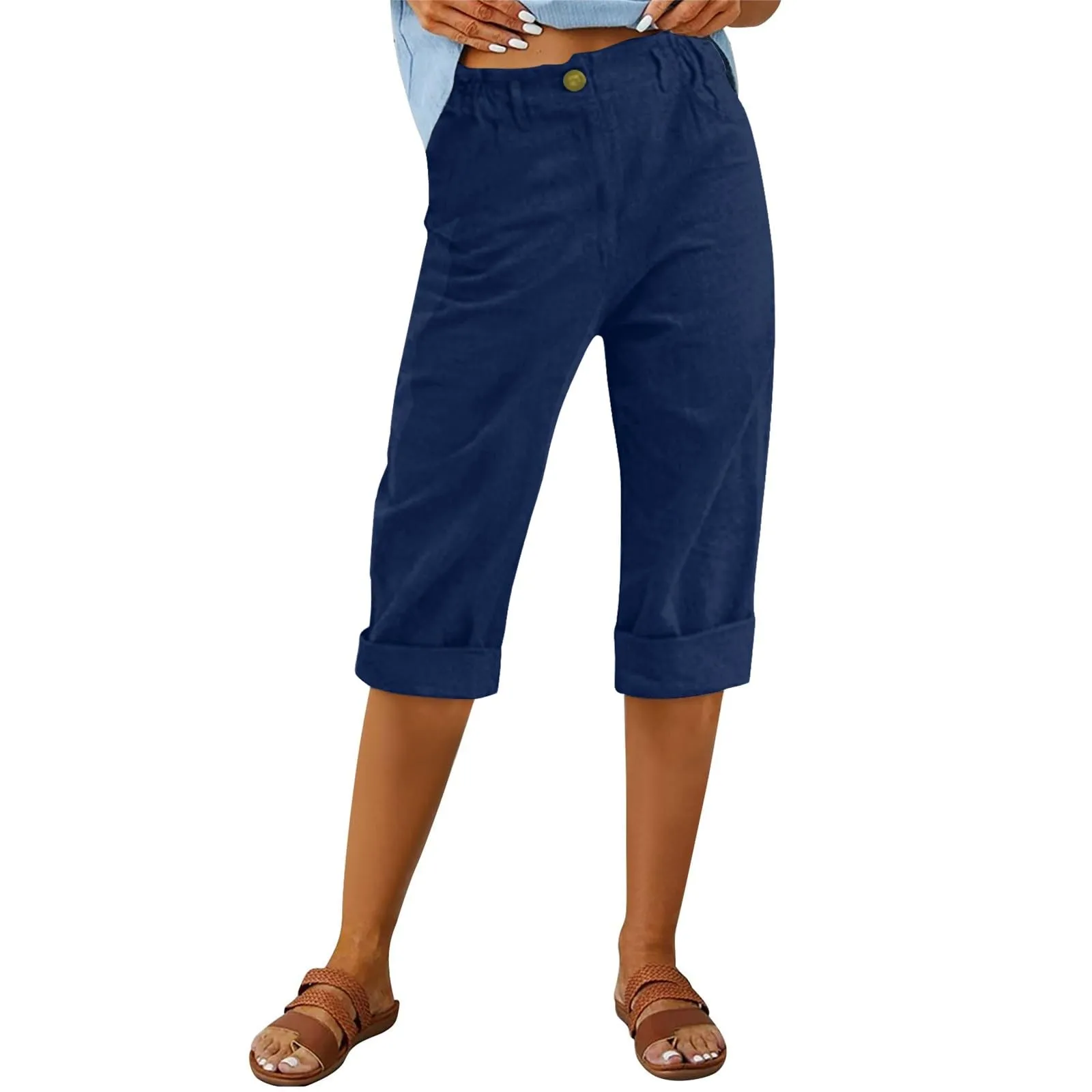 HEONSATI Pinocchietto Estivo Donna Bermuda Estivi Eleganti Casual Pantaloni 3/4 da Donna Leggeri Pinocchietti Capri di Lino Sciolto Pantalone al Ginocchio Larghi Shorts Sportivi Coulisse Regolabile - immagine 2