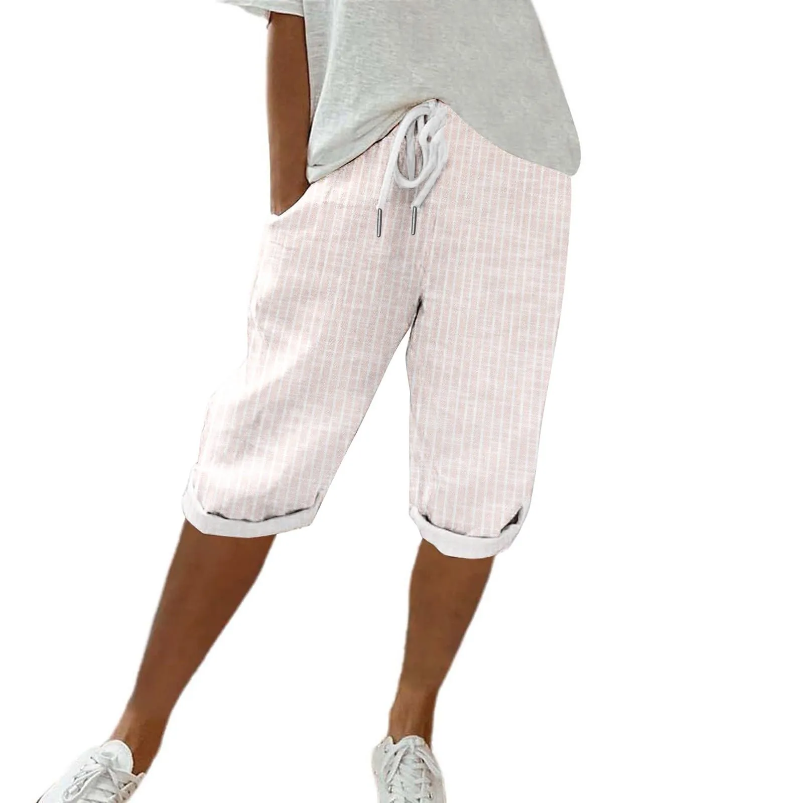 HEONSATI Pinocchietto Taglie Forti Donna Pantalone Eleganti Casual Sportivi Bermuda Capri Cotone E Lino Leggeri Pantaloni 3/4 in Cotone Taglie Forti Pinocchietti Palazzo Larghi Spiaggia Baggy - immagine 1