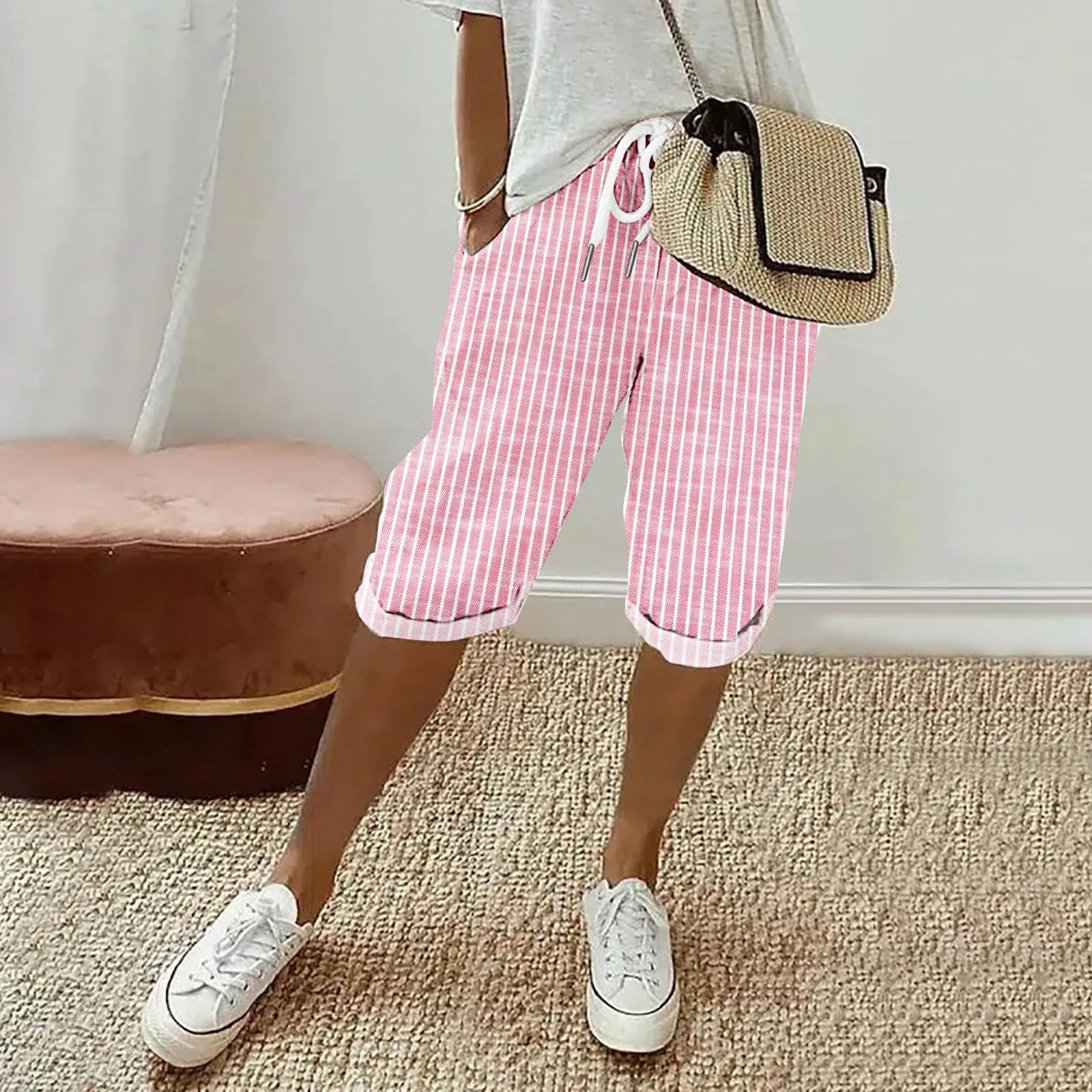 HEONSATI Pinocchietto Taglie Forti Donna Pantalone Eleganti Casual Sportivi Bermuda Capri Cotone E Lino Leggeri Pantaloni 3/4 in Cotone Taglie Forti Pinocchietti Palazzo Larghi Spiaggia Baggy - immagine 2