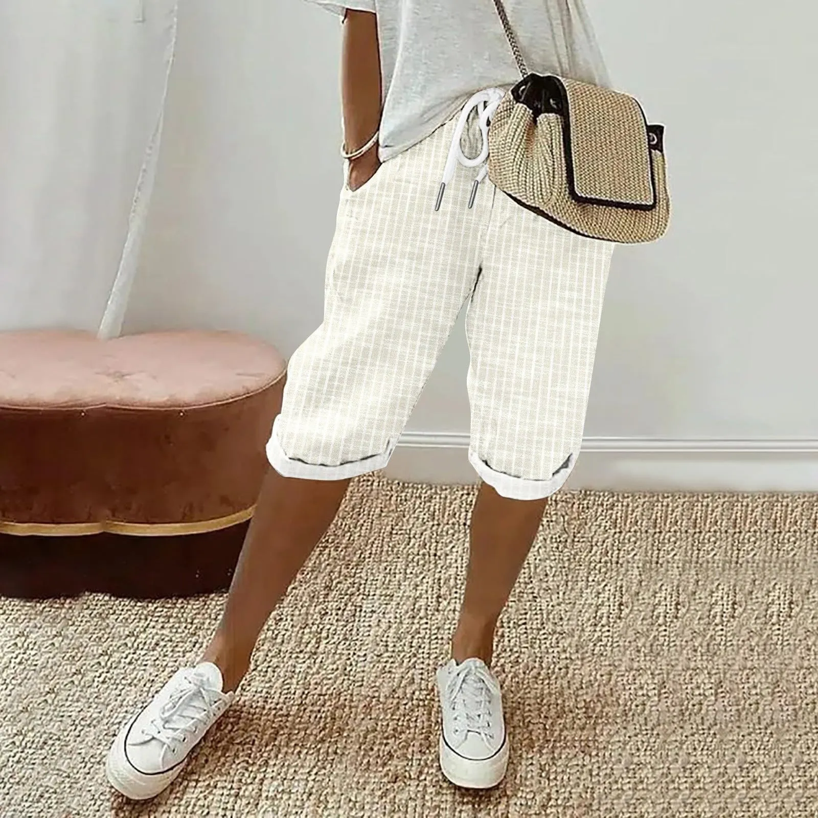 HEONSATI Pinocchietto Taglie Forti Donna Pantalone Eleganti Casual Sportivi Bermuda Capri Cotone E Lino Leggeri Pantaloni 3/4 in Cotone Taglie Forti Pinocchietti Palazzo Larghi Spiaggia Baggy - immagine 2