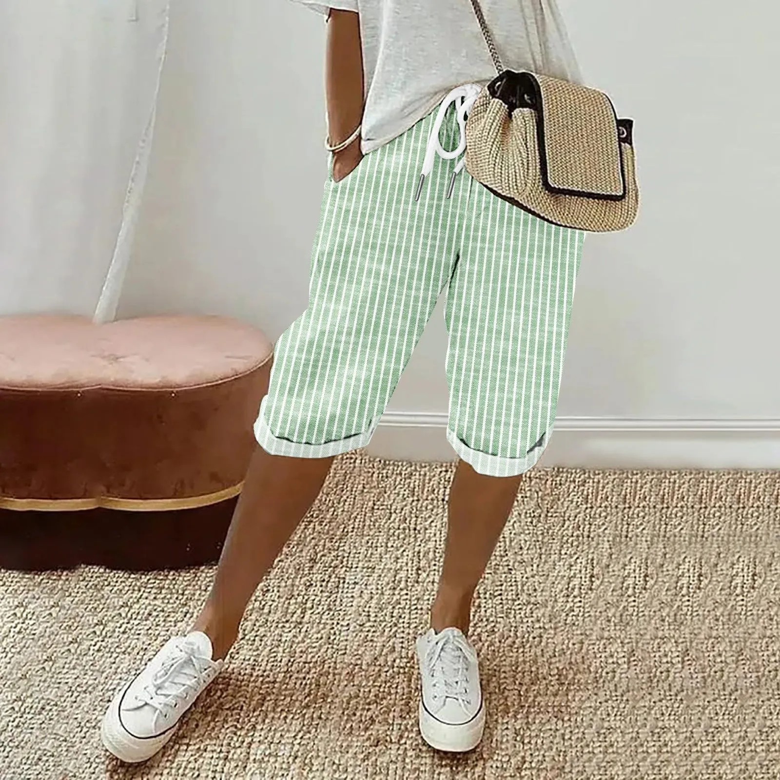 HEONSATI Pinocchietto Taglie Forti Donna Pantalone Eleganti Casual Sportivi Bermuda Capri Cotone E Lino Leggeri Pantaloni 3/4 in Cotone Taglie Forti Pinocchietti Palazzo Larghi Spiaggia Baggy - immagine 2