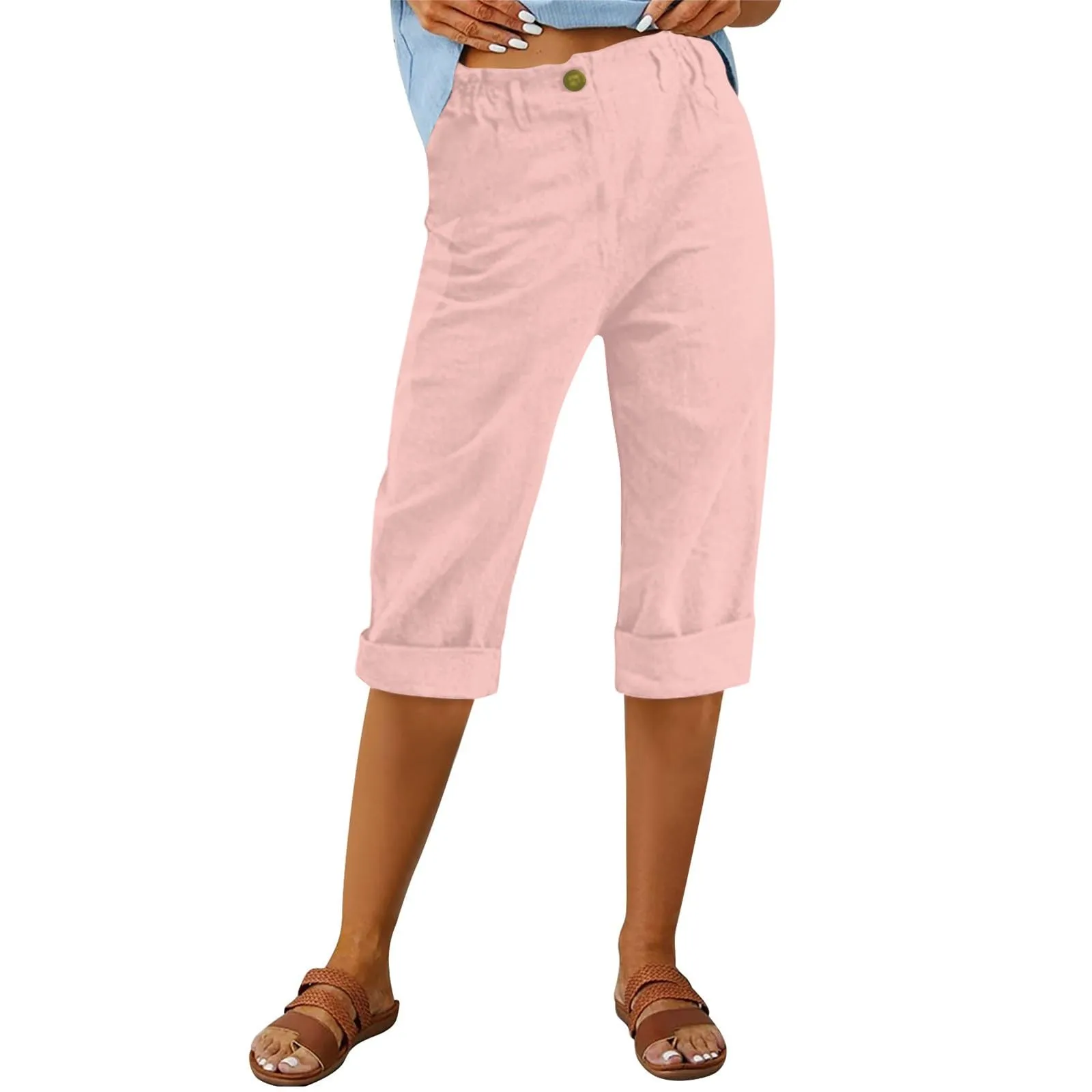 HEONSATI Pinocchietto Estivo Donna Bermuda Estivi Eleganti Casual Pantaloni 3/4 da Donna Leggeri Pinocchietti Capri di Lino Sciolto Pantalone al Ginocchio Larghi Shorts Sportivi Coulisse Regolabile - immagine 2