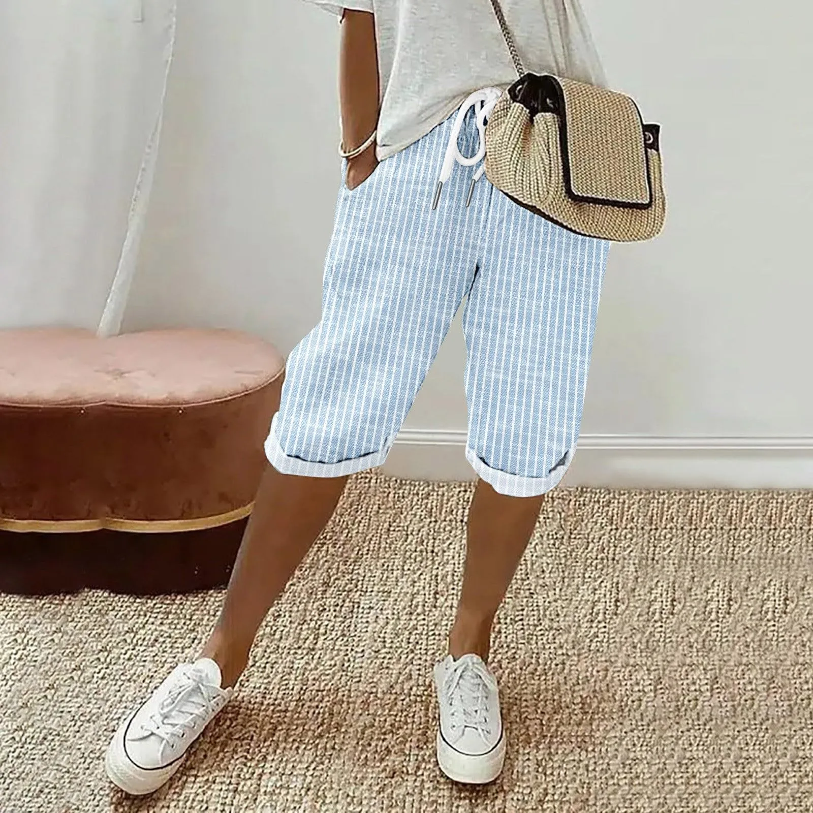 HEONSATI Pinocchietto Taglie Forti Donna Pantalone Eleganti Casual Sportivi Bermuda Capri Cotone E Lino Leggeri Pantaloni 3/4 in Cotone Taglie Forti Pinocchietti Palazzo Larghi Spiaggia Baggy - immagine 2