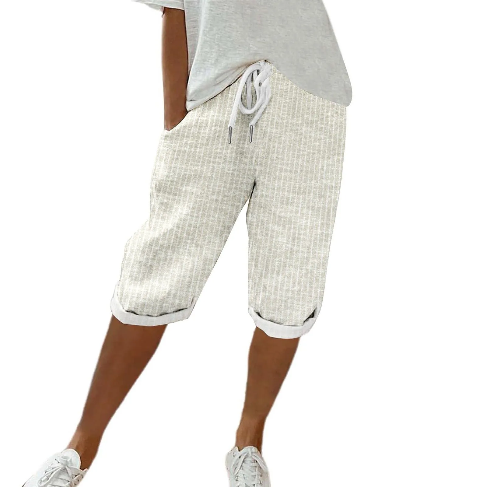 HEONSATI Pinocchietto Taglie Forti Donna Pantalone Eleganti Casual Sportivi Bermuda Capri Cotone E Lino Leggeri Pantaloni 3/4 in Cotone Taglie Forti Pinocchietti Palazzo Larghi Spiaggia Baggy - immagine 1