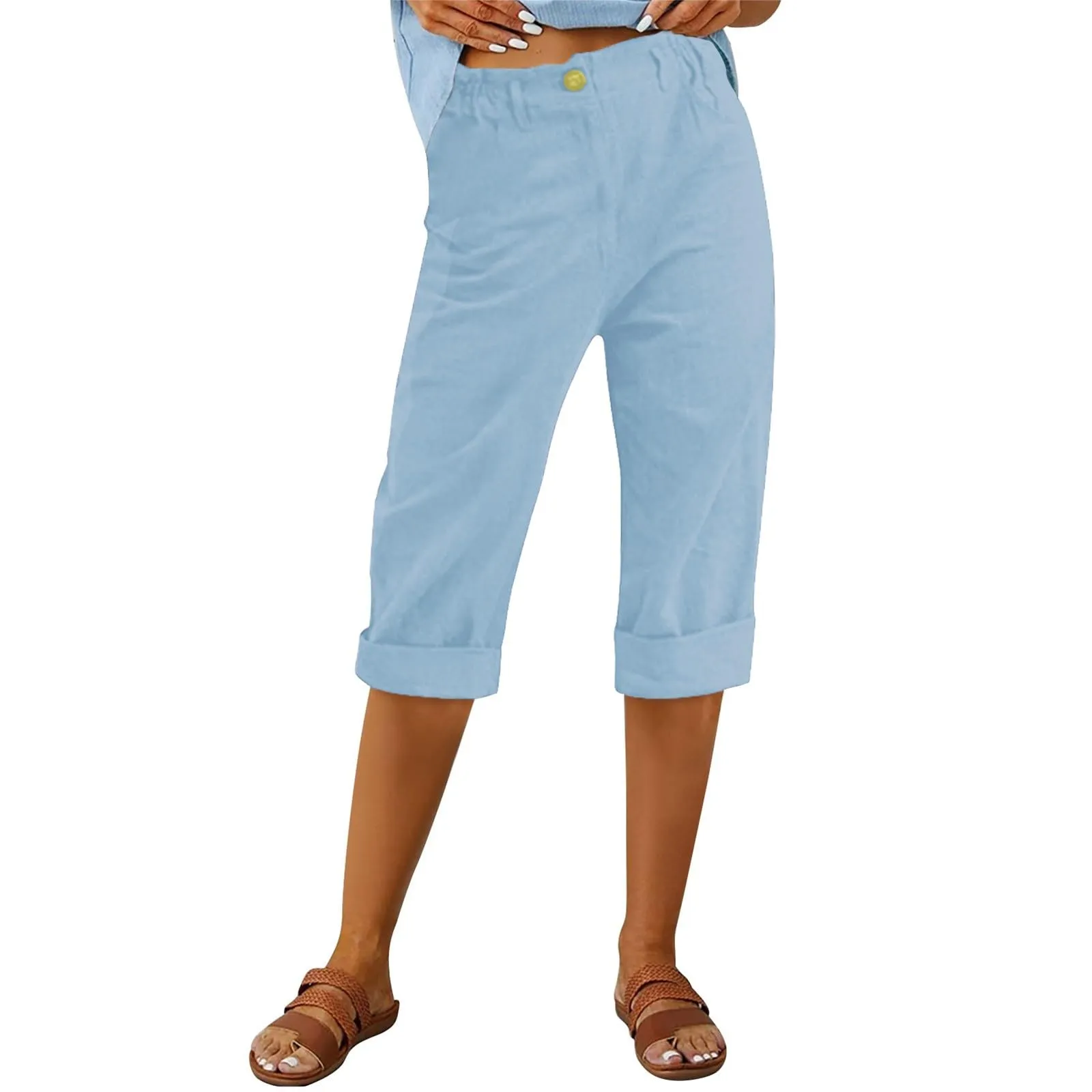 HEONSATI Pinocchietto Estivo Donna Bermuda Estivi Eleganti Casual Pantaloni 3/4 da Donna Leggeri Pinocchietti Capri di Lino Sciolto Pantalone al Ginocchio Larghi Shorts Sportivi Coulisse Regolabile - immagine 2