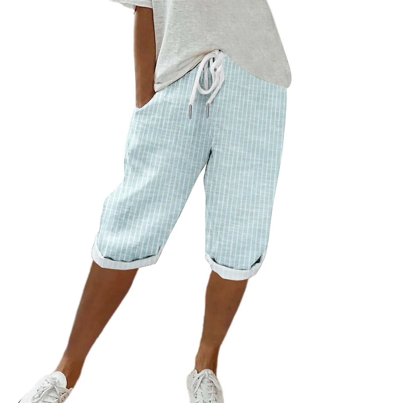 HEONSATI Pinocchietto Taglie Forti Donna Pantalone Eleganti Casual Sportivi Bermuda Capri Cotone E Lino Leggeri Pantaloni 3/4 in Cotone Taglie Forti Pinocchietti Palazzo Larghi Spiaggia Baggy - immagine 1