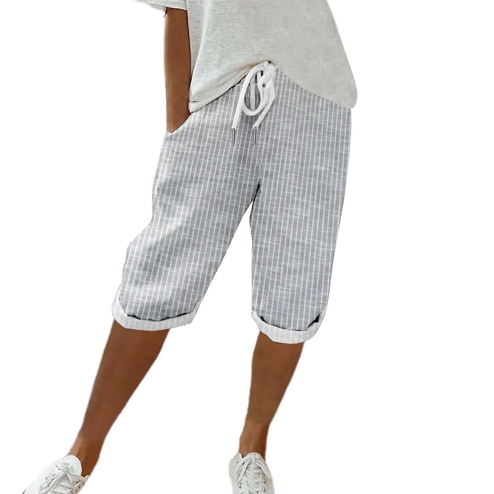 HEONSATI Pinocchietto Taglie Forti Donna Pantalone Eleganti Casual Sportivi Bermuda Capri Cotone E Lino Leggeri Pantaloni 3/4 in Cotone Taglie Forti Pinocchietti Palazzo Larghi Spiaggia Baggy - immagine 1